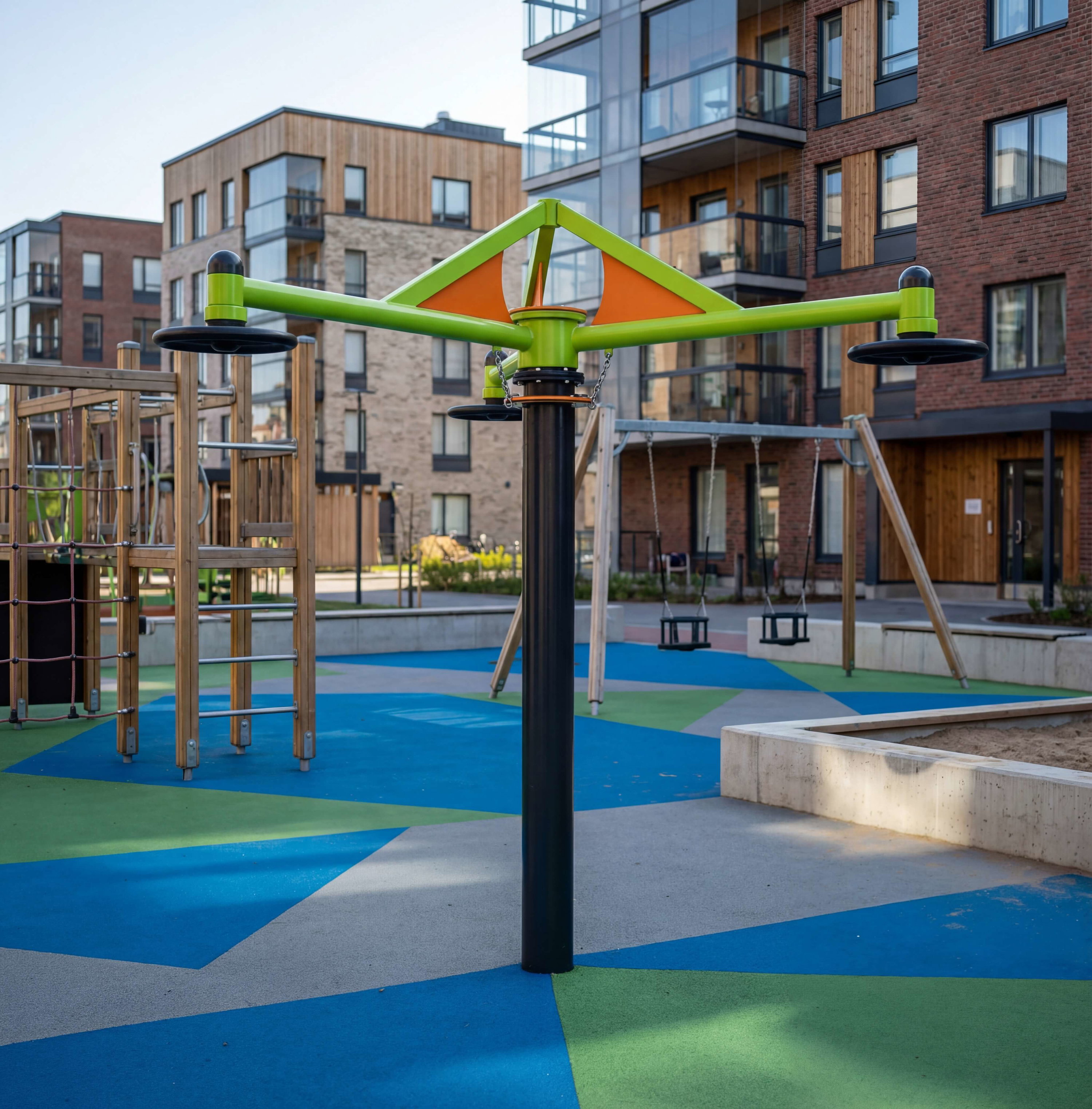 Farbiger Spielplatz mit modernen Geräten vor Wohnhäusern – ideal für Kinderaktivitäten im Stadtteil.