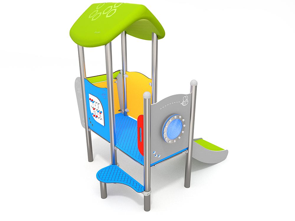 Schwinger für Kleinkinder mit Metallgestell und grünen Verbindungen auf weißem Hintergrund.