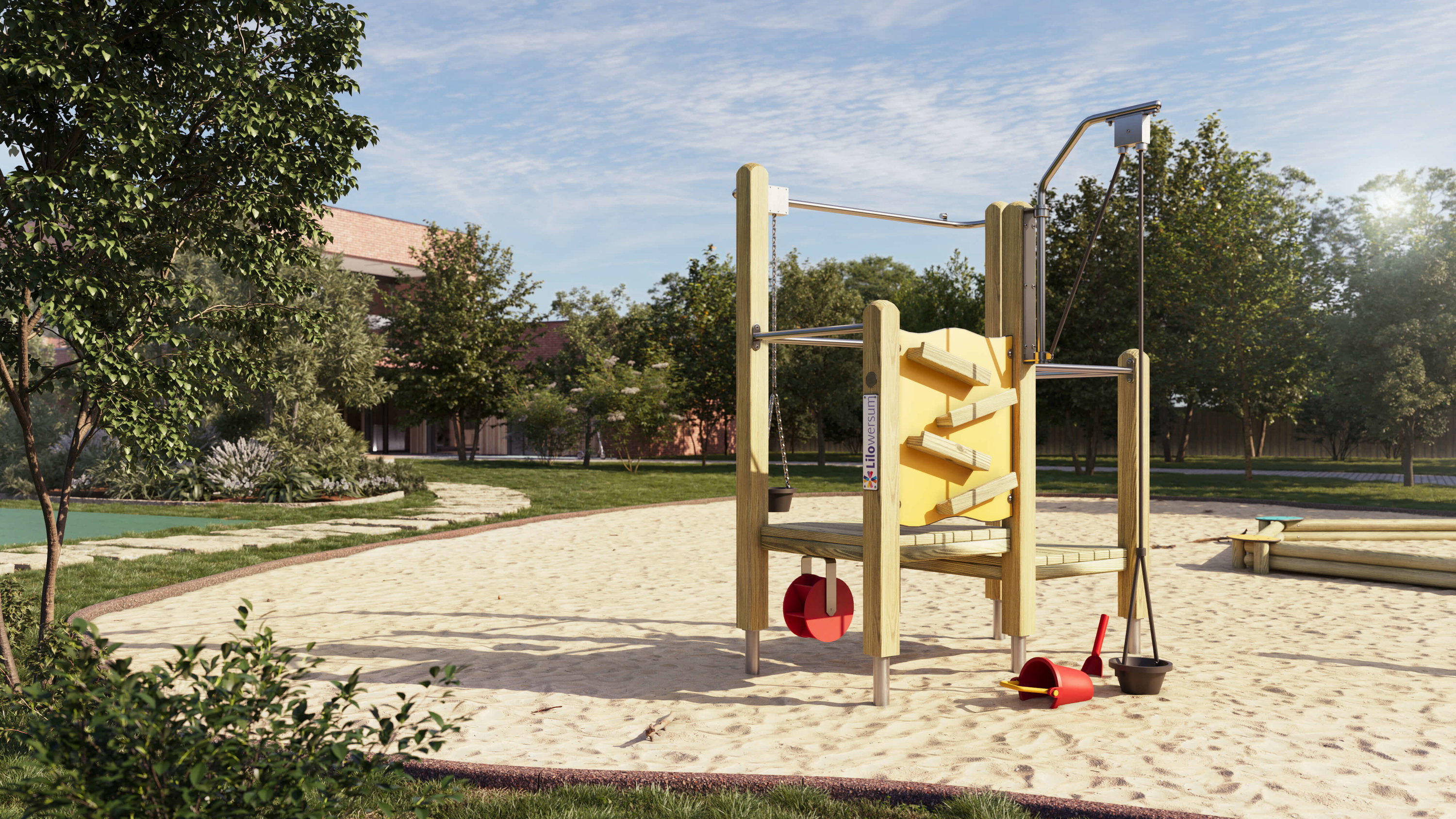 Spielplatz mit Sandkiste und Klettergerüst im sonnigen Park unter blauem Himmel.