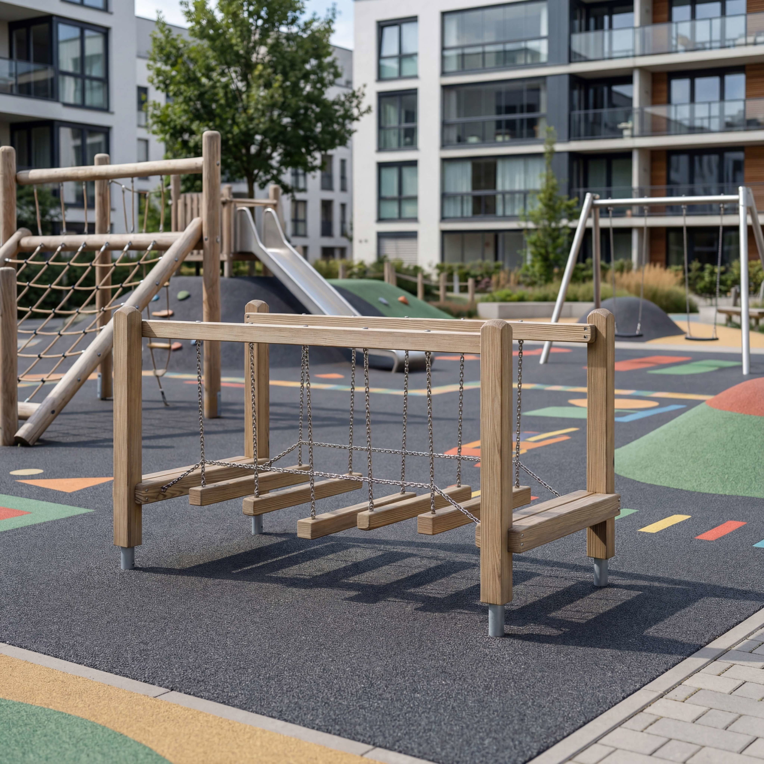 Holzspielgeräte auf farbigem Spielplatz vor modernen Wohnhäusern – Kinderfreundlich und sicher gestaltet.