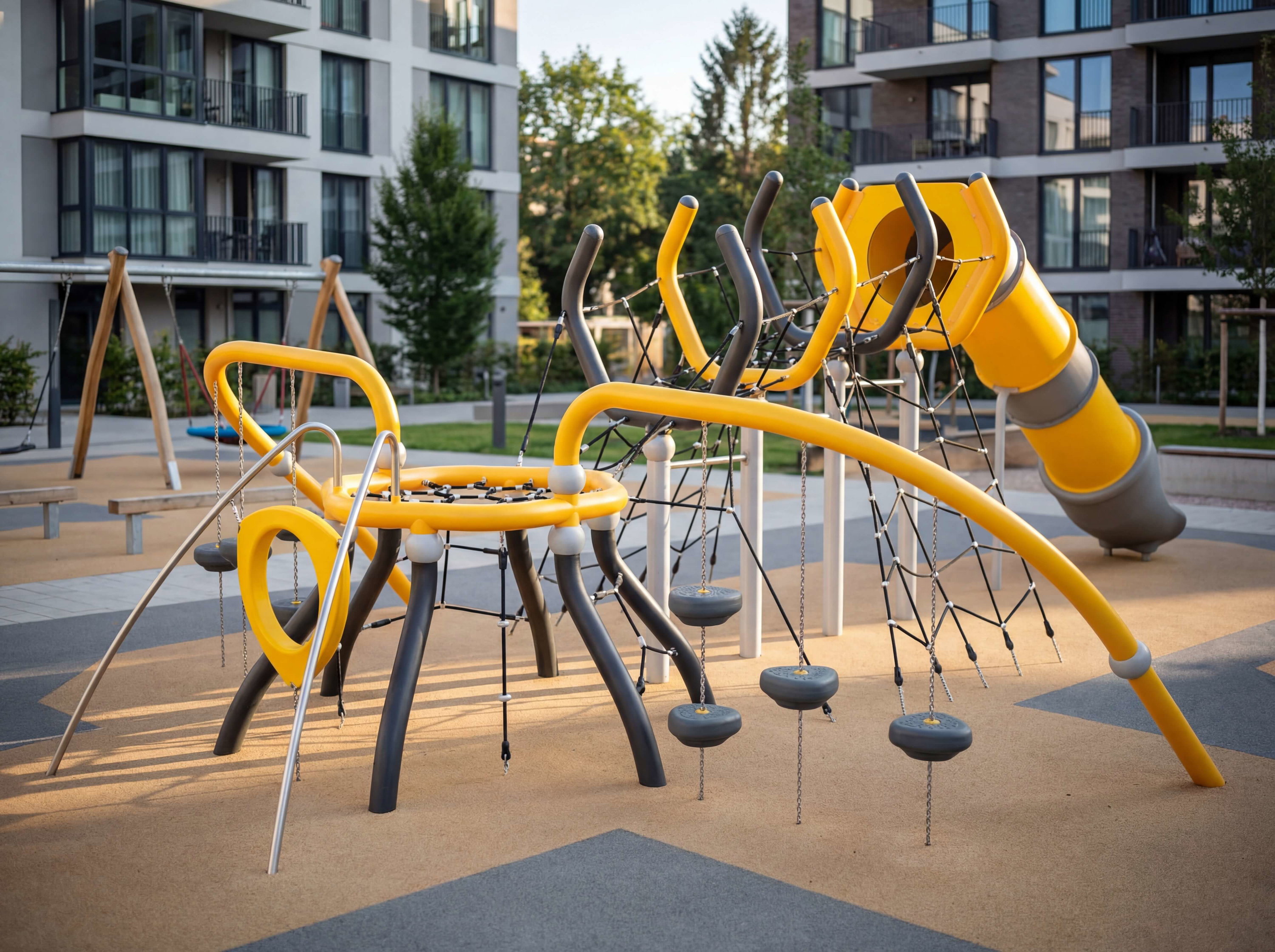 Modern yellow playground equipment in front of residential buildings with green trees nearby.