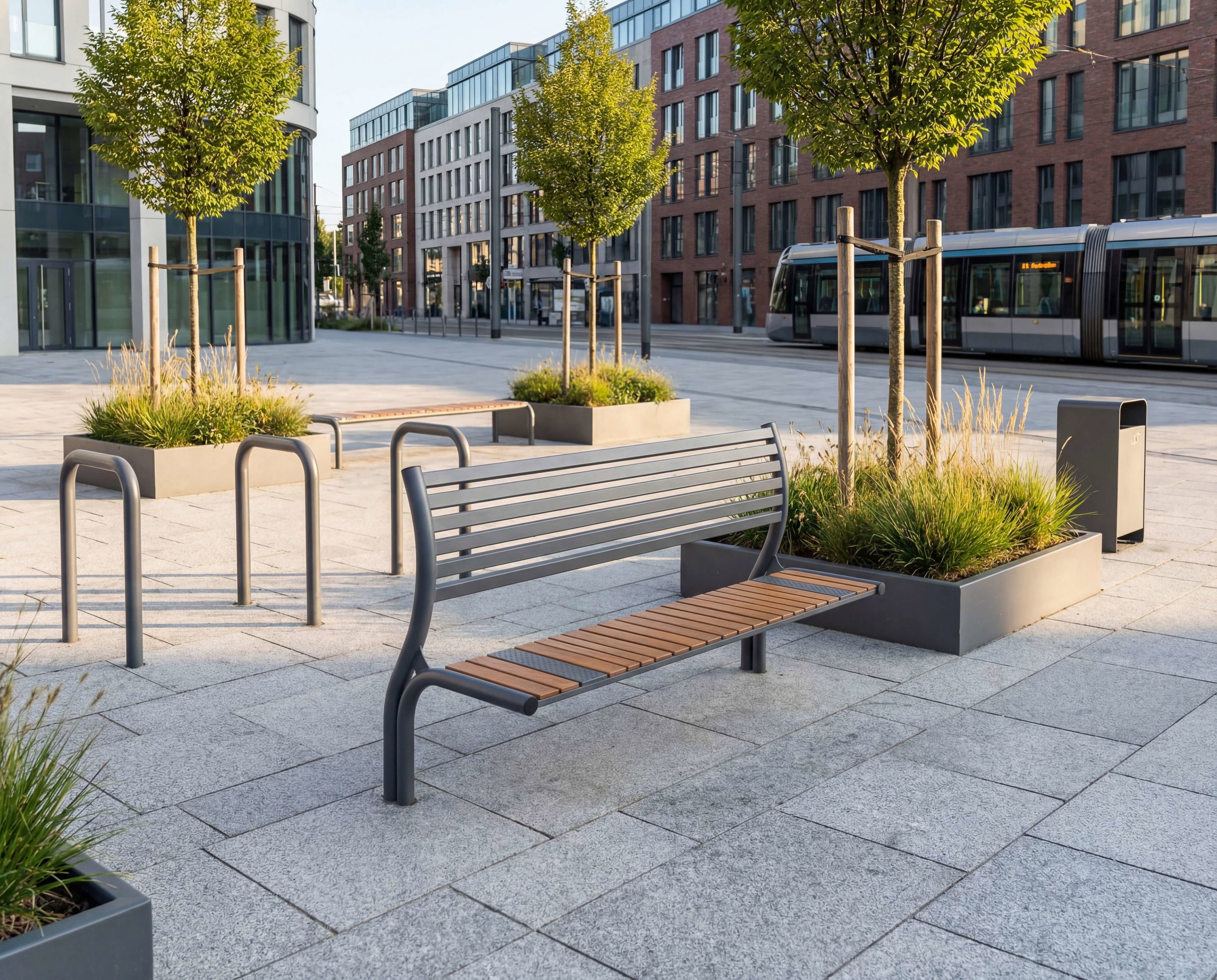 Moderne Bank mit Holz sitzelement im städtischen Platzbereich neben Bäumen und Tram.

(Translation: Modern bench with wooden seating element in urban plaza area beside trees and tram.)