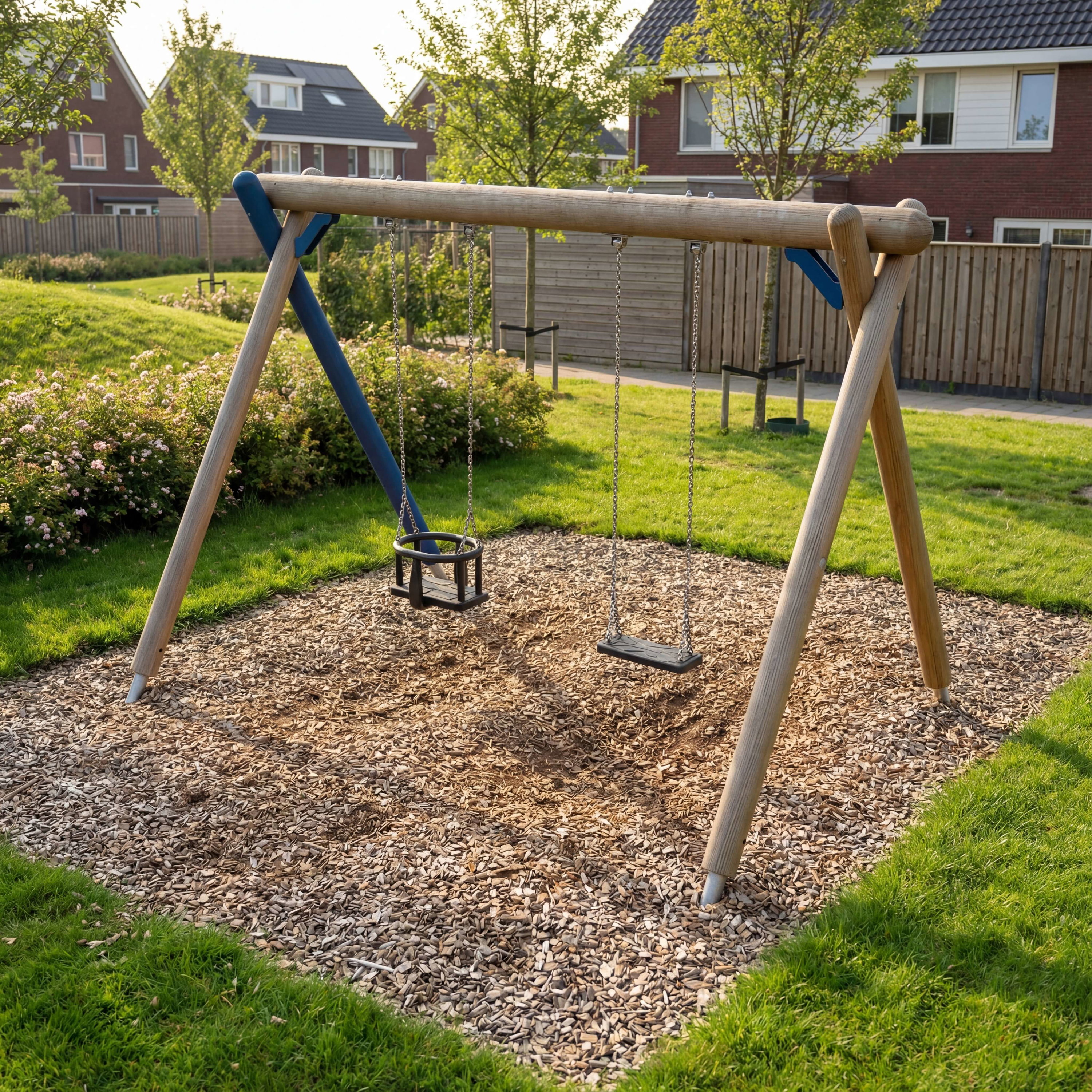 Holzschaukel im Garten mit Mulchboden und Häusern im Hintergrund.
