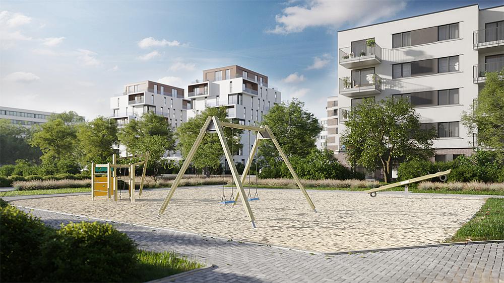 Spielplatz mit Schaukel und Rutsche vor modernen Wohnhäusern im Grünen.