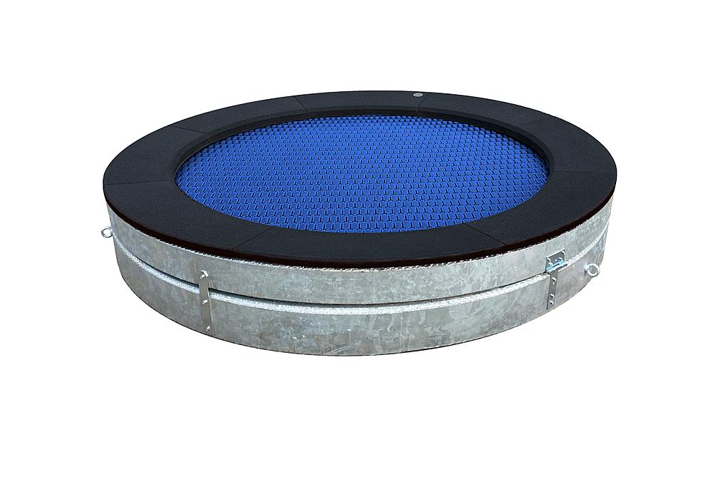 Runder Trampolin mit blauem Sprungboden und galvanischem Metallrahmen – ideal für Garten oder Hof.