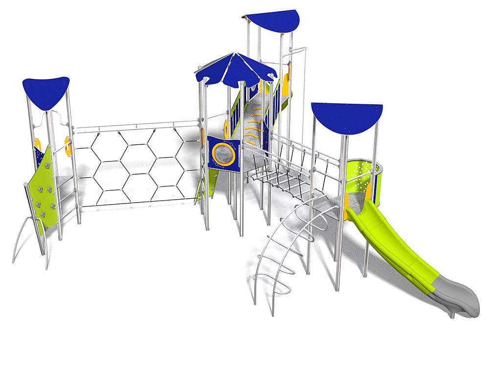 Schwinger für Kleinkinder mit Metallgestell und grünen Verbindungen auf weißem Hintergrund.