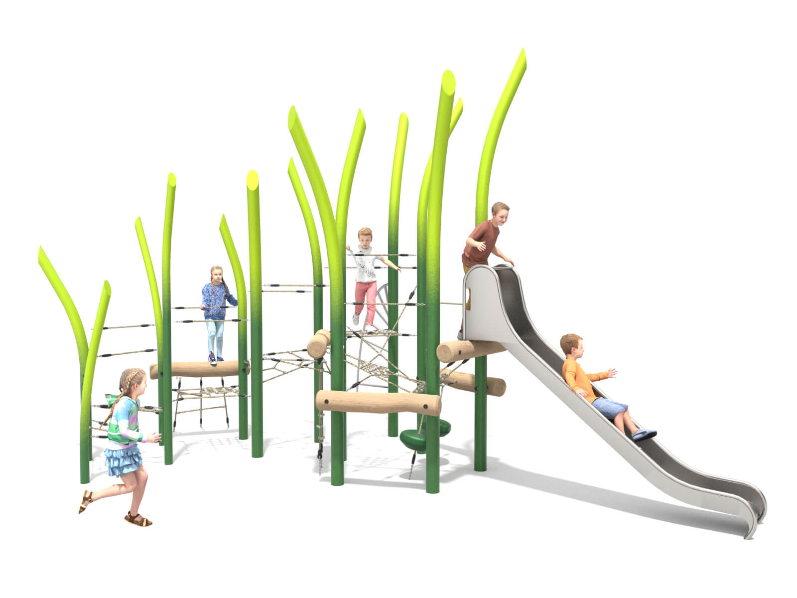 Schwinger für Kleinkinder mit Metallgestell und grünen Verbindungen auf weißem Hintergrund.