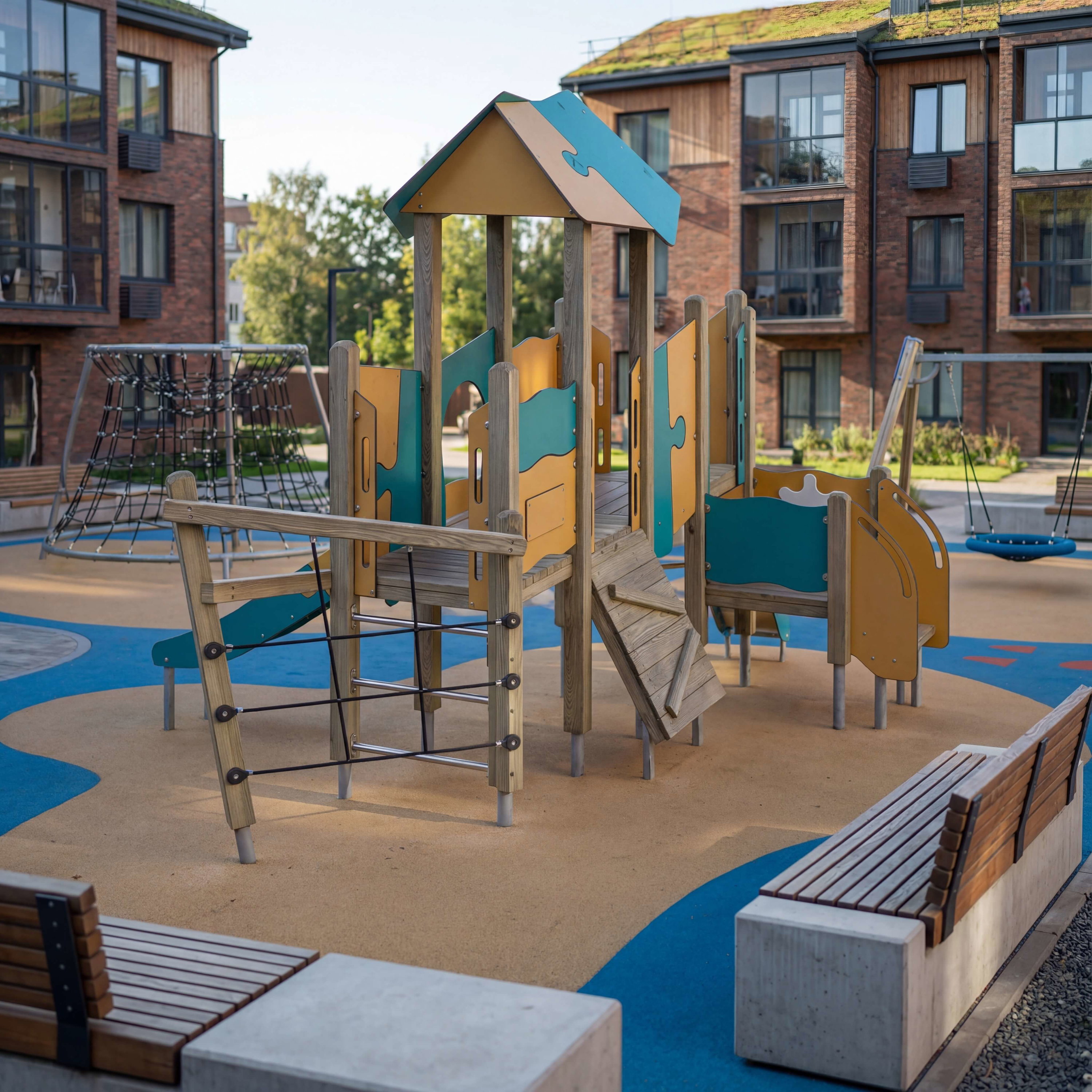 Farbiger Holzspielplatz mit Rutsche und Klettergerüst vor modernen Wohnhäusern.
