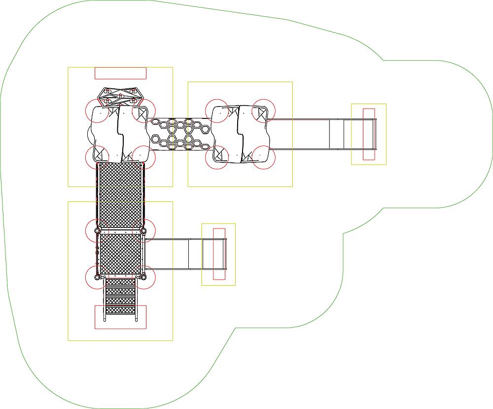 Spielplatz-Plan mit Plattformen und Leitern – kinderfreundliches Freizeitangebot im Gartenbereich.