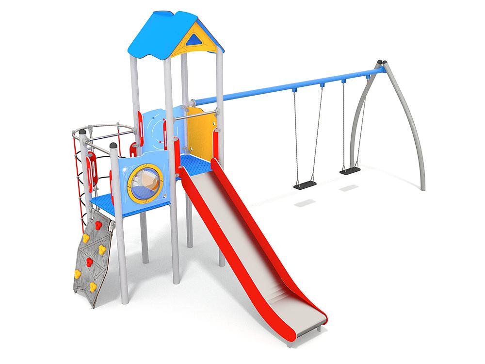 Schwinger für Kleinkinder mit Metallgestell und grünen Verbindungen auf weißem Hintergrund.