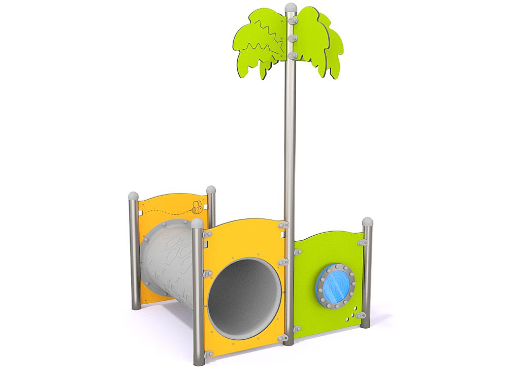 Schwinger für Kleinkinder mit Metallgestell und grünen Verbindungen auf weißem Hintergrund.