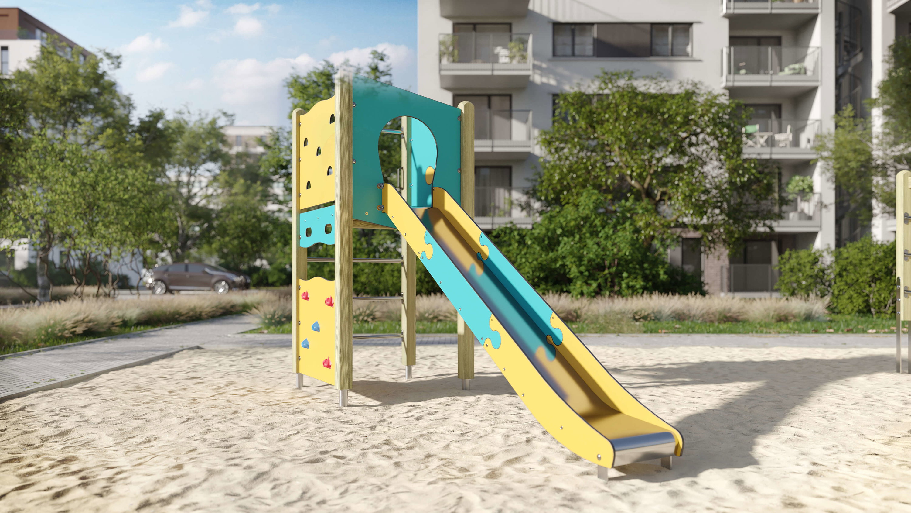 Bunte Spielhütte im Sand auf einem modernen Wohnplatz mit Bäumen und Gebäuden im Hintergrund.