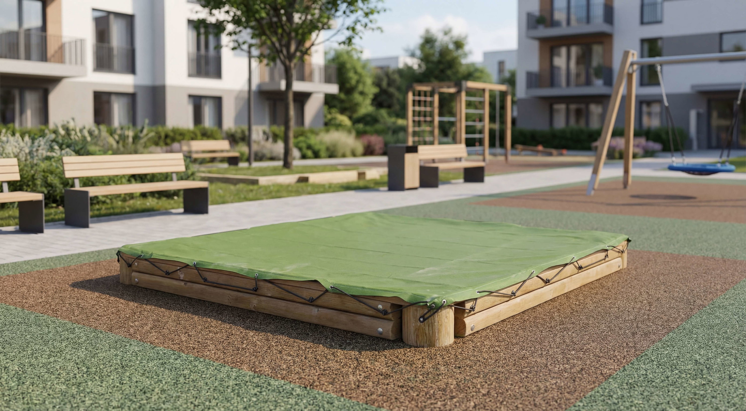 Spielplatz mit grünem Sprungkissen und Schaukel vor modernen Wohnhäusern im Grünen.