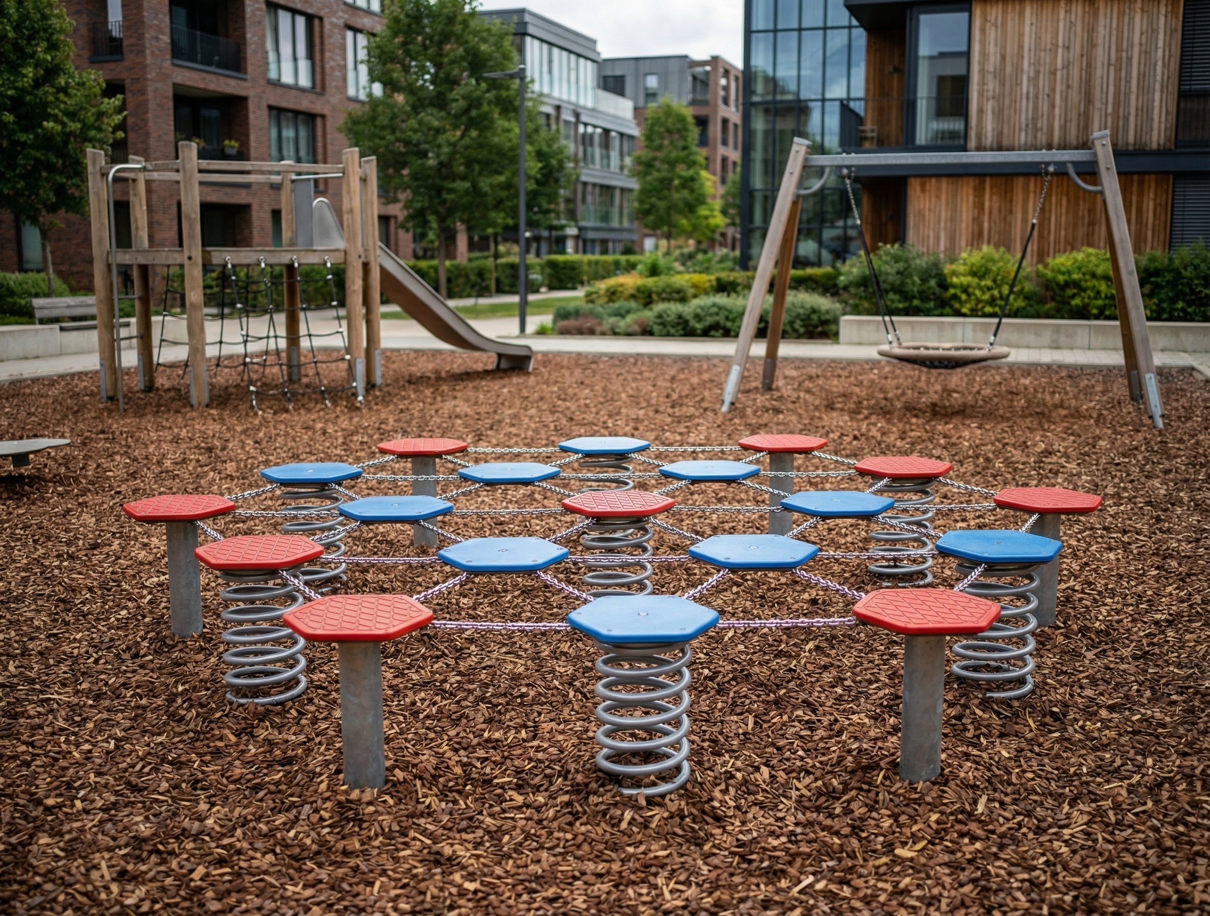 Bunte Springplattform im Spielplatz mit Holzmulch und modernen Wohnhäusern im Hintergrund.