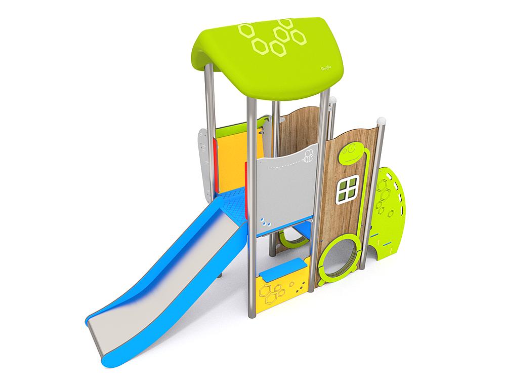 Schwinger für Kleinkinder mit Metallgestell und grünen Verbindungen auf weißem Hintergrund.