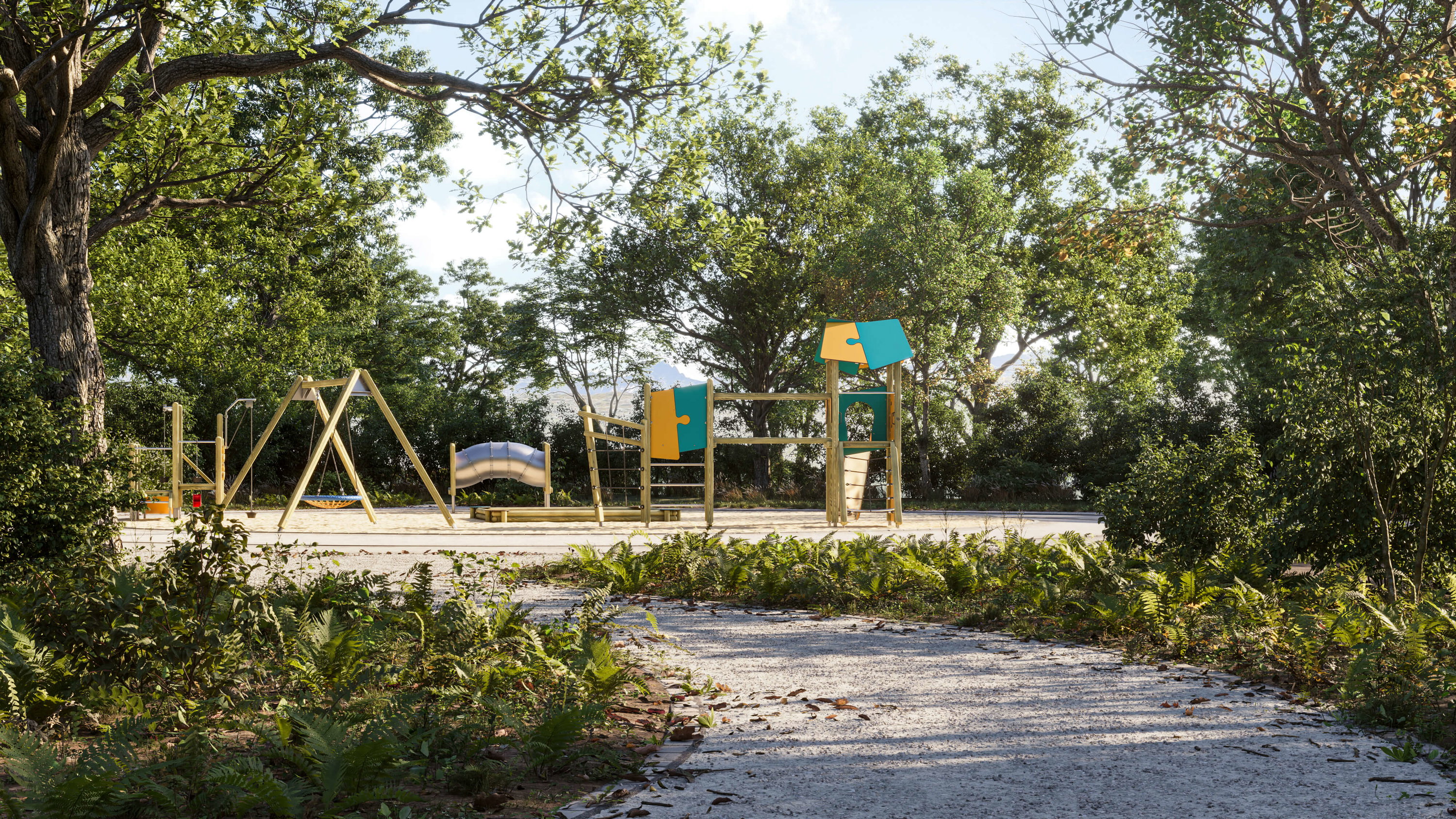Spielplatz mit Schaukel und Rutsche im grünen Waldgebiet bei sonnigem Wetter.

Spielplatz mit Schaukel und Rutsche im grünen Waldgebiet bei sonnigem Wetter.