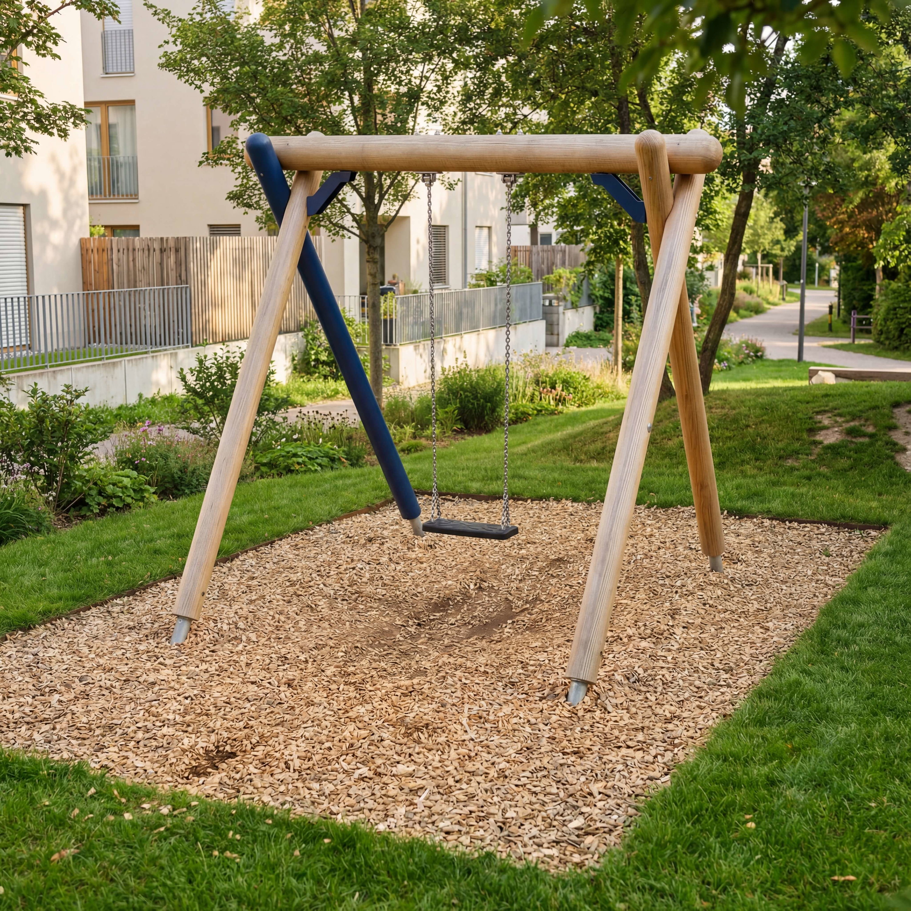 Holzschaukel im Grünanlage mit Kiesboden und Bäumen – ruhige Wohngegend