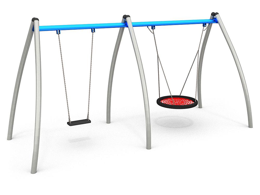 Schwinger für Kleinkinder mit Metallgestell und grünen Verbindungen auf weißem Hintergrund.