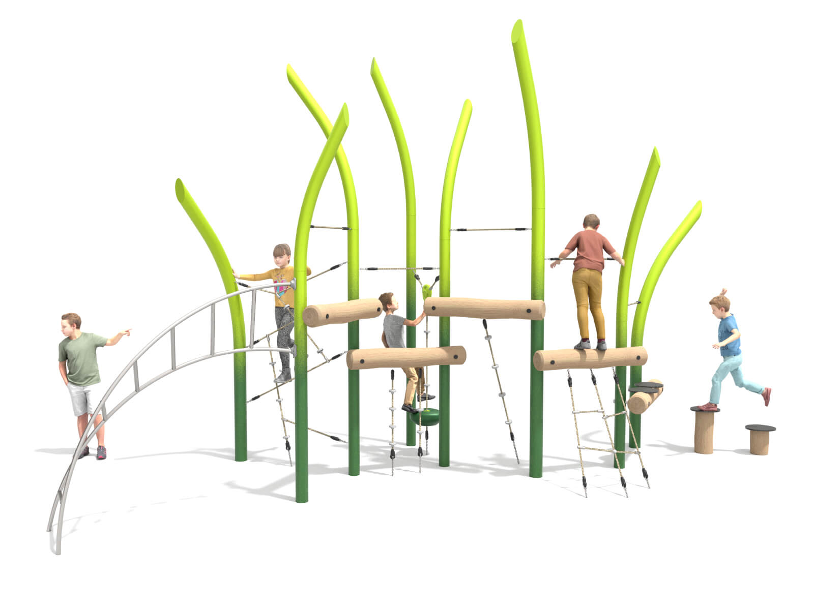 Schwinger für Kleinkinder mit Metallgestell und grünen Verbindungen auf weißem Hintergrund.