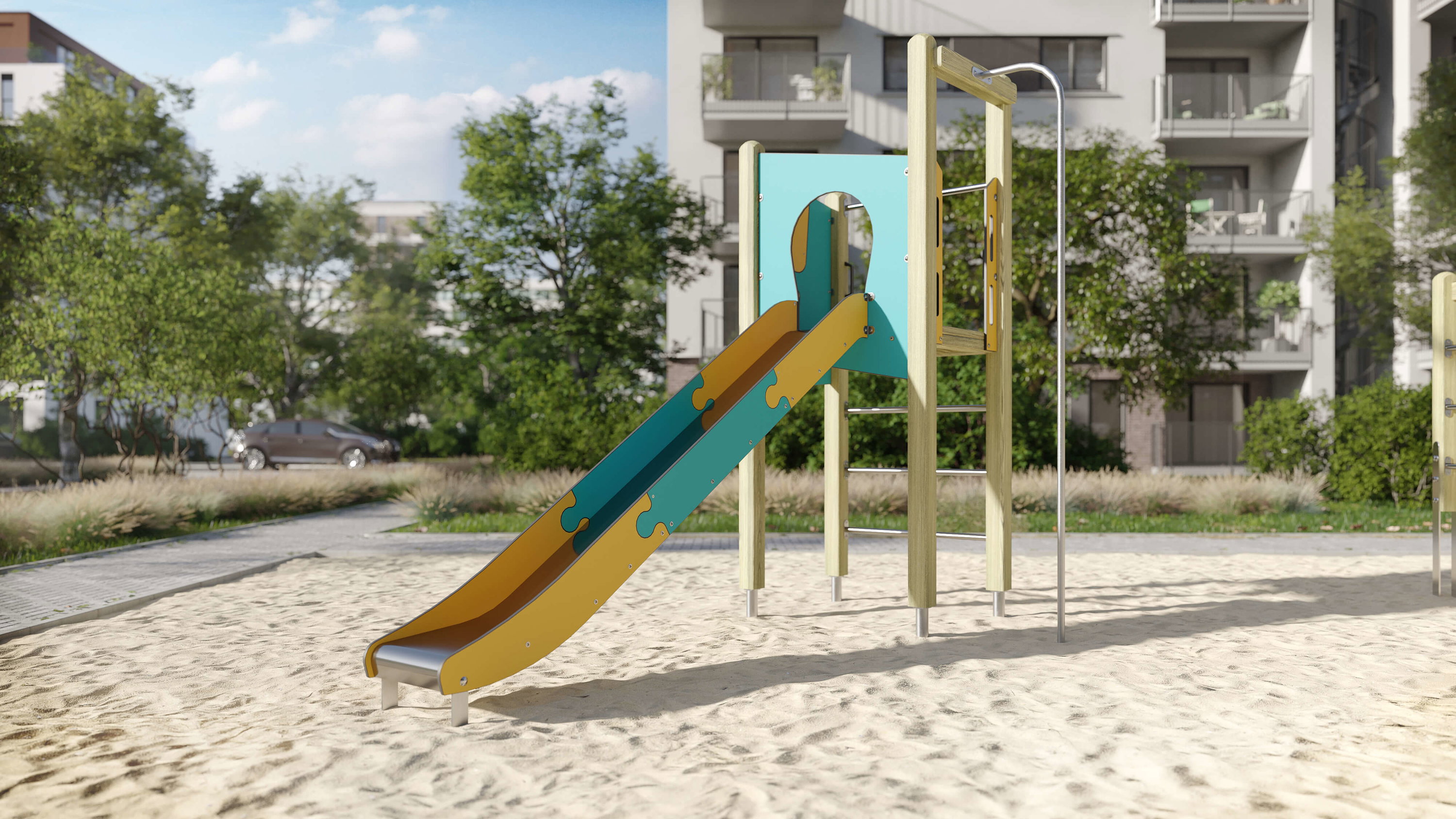 Bunte Spielhütte im Sand auf einem modernen Wohnplatz mit Bäumen und Gebäuden im Hintergrund.