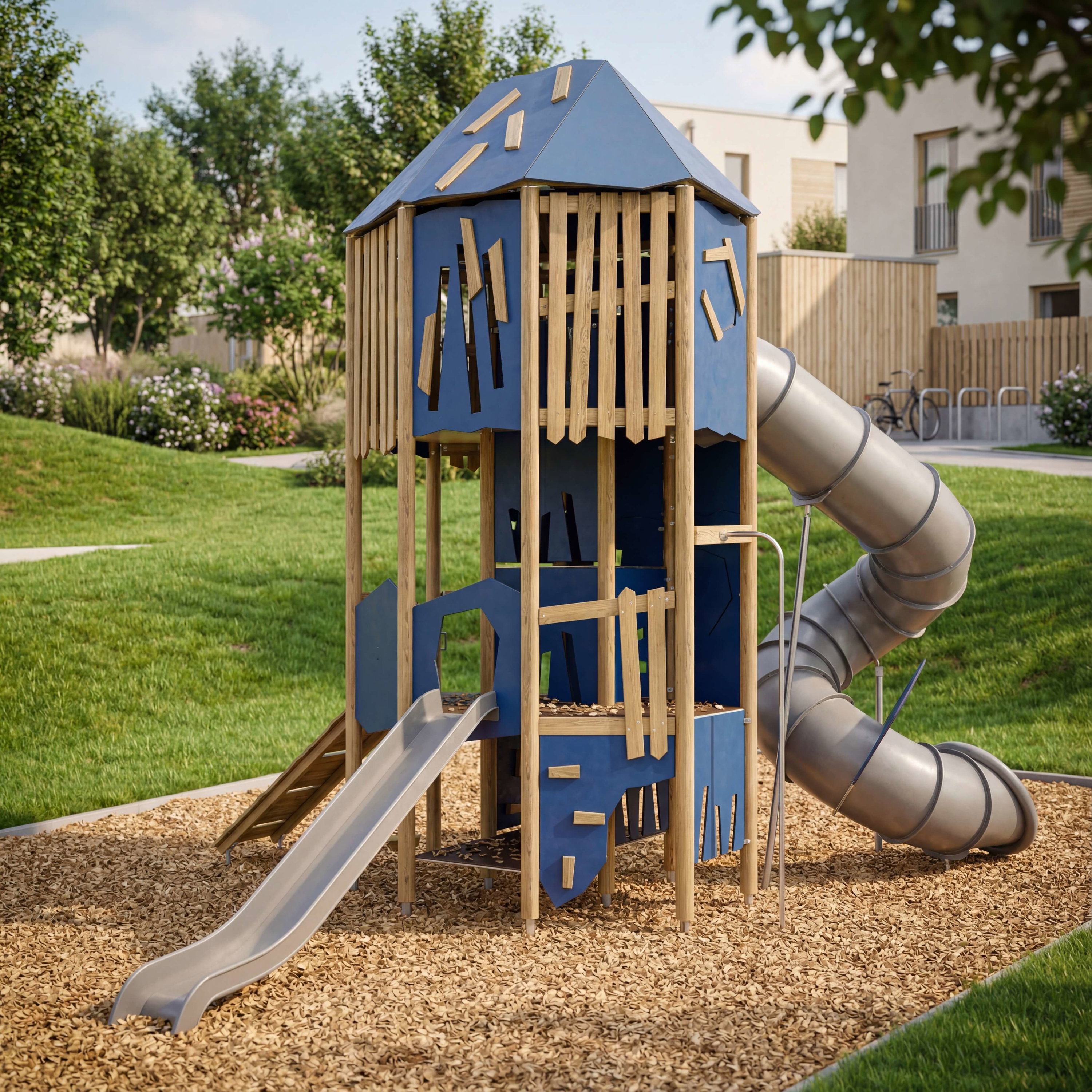 Blauer Spielplatz mit Rutsche und Holzkonstruktion im grünen Gartenbereich.