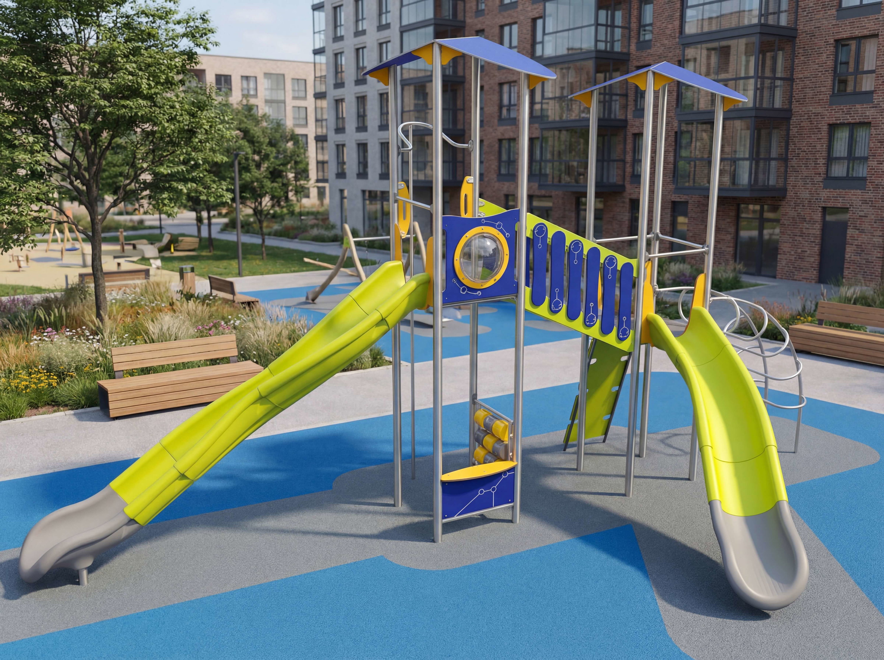 Farbechter Spielplatz mit Rutschen und Klettergerüst vor modernen Wohnhäusern im Grünen.