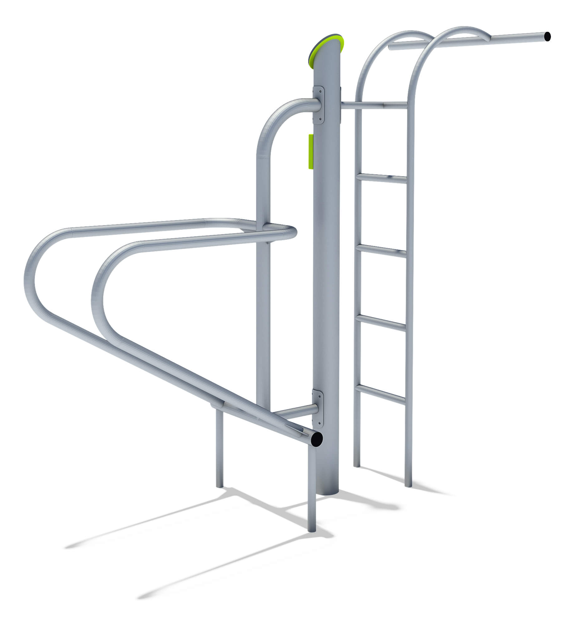 Metalltreppen- und Klettergerüst für Schwimmbad mit grünen Akzenten.