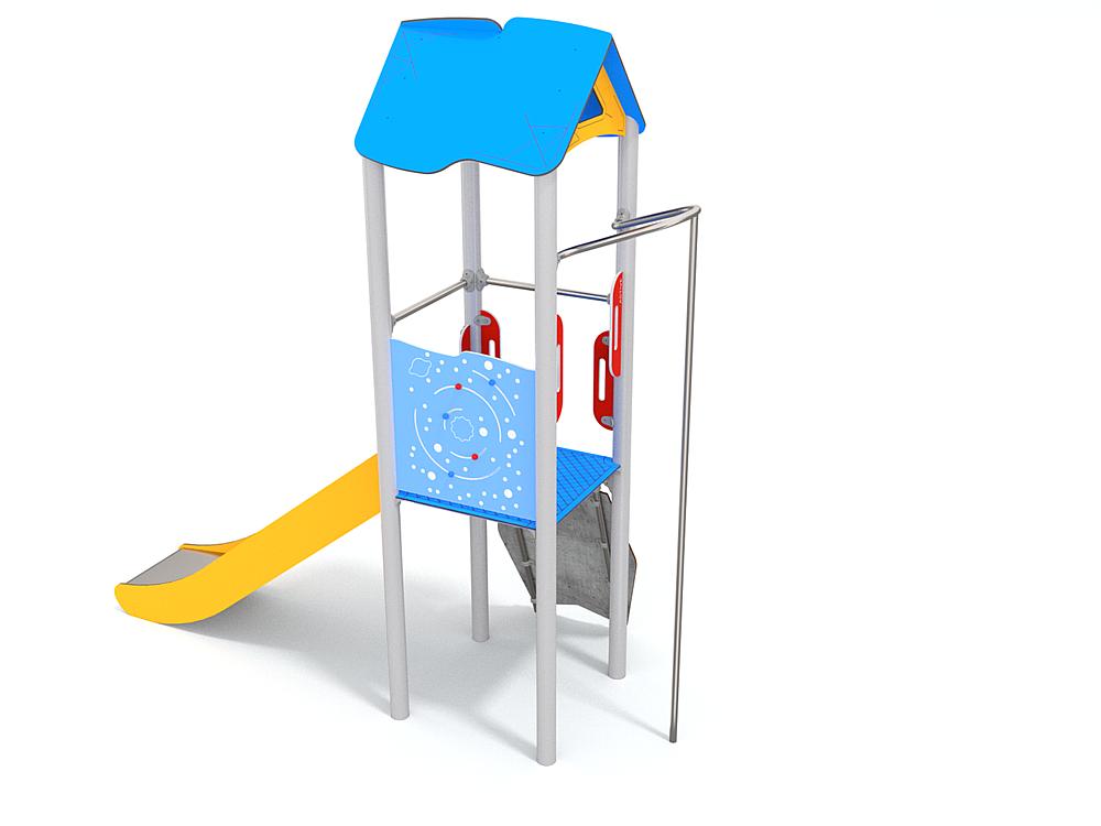 Schwinger für Kleinkinder mit Metallgestell und grünen Verbindungen auf weißem Hintergrund.