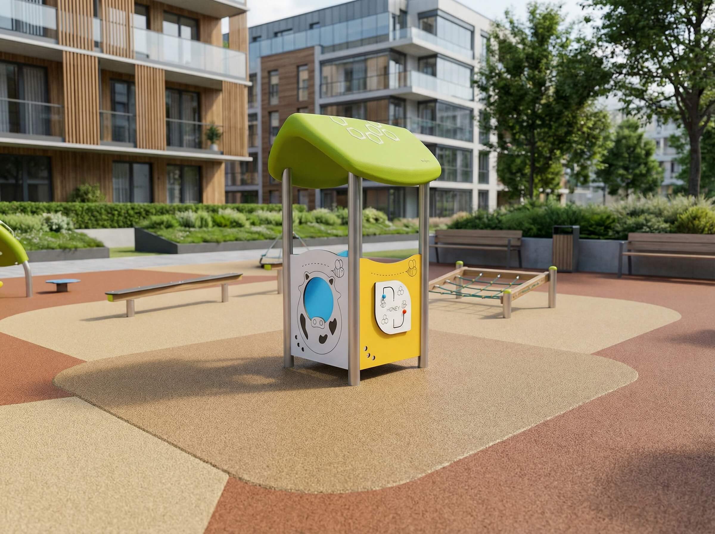 Bunte Spielstation im modernen Kinderbereich vor Wohnhäusern mit Grünanlagen und Bänken.