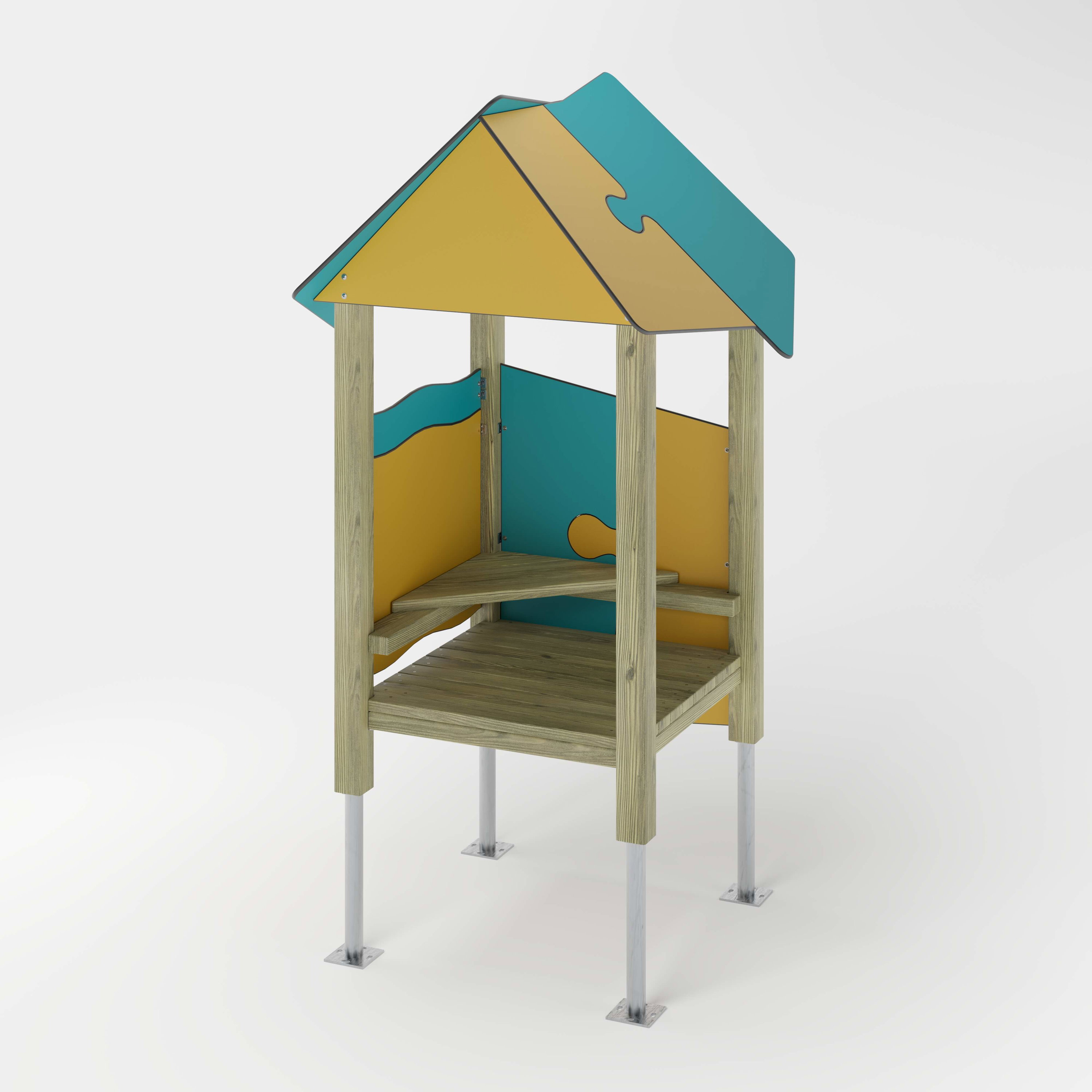 Bunte Holzhütte mit Dach und Sitzbank für Kinder im Freien.