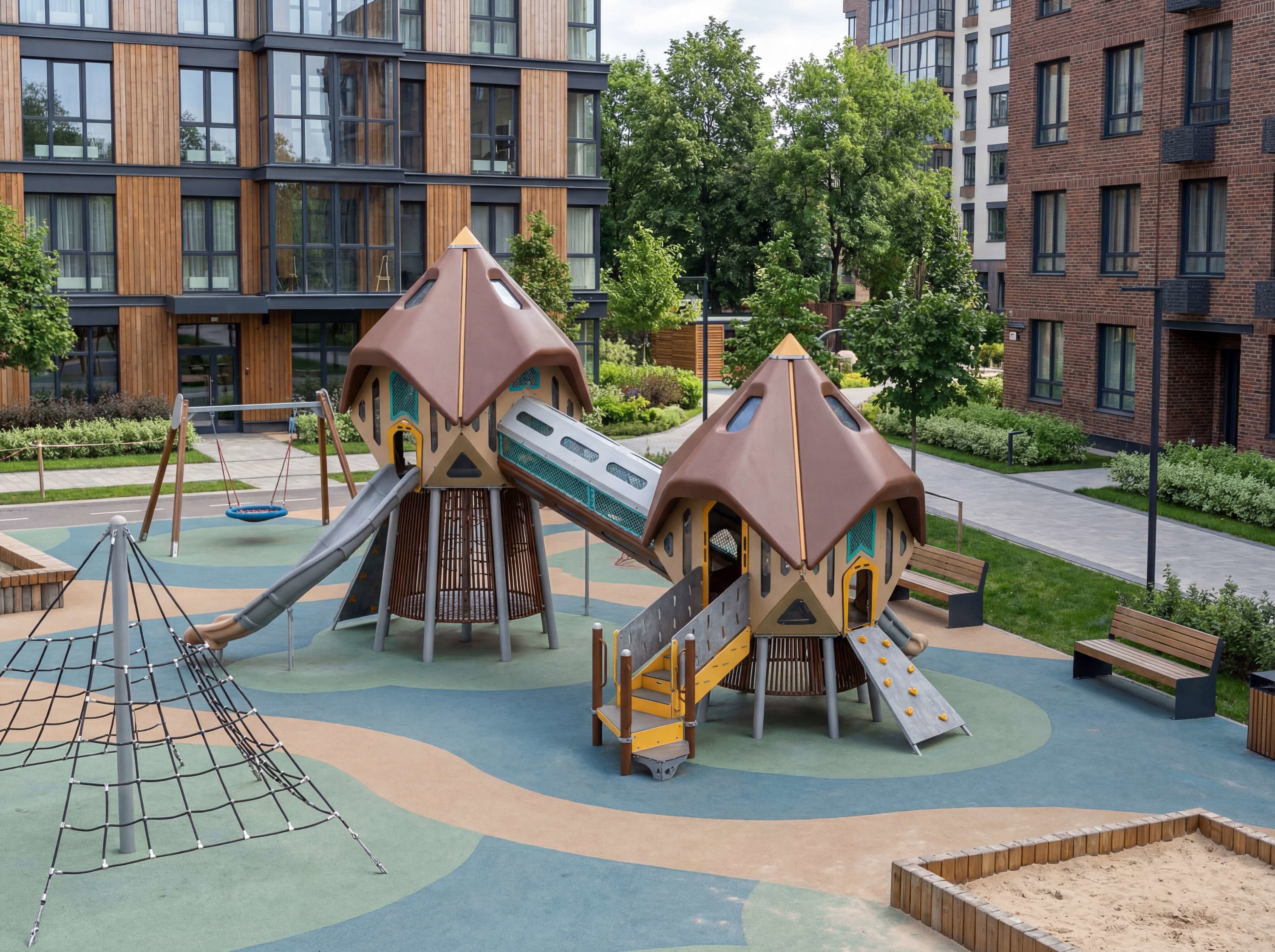 Modern playground with treehouse structures between residential buildings.