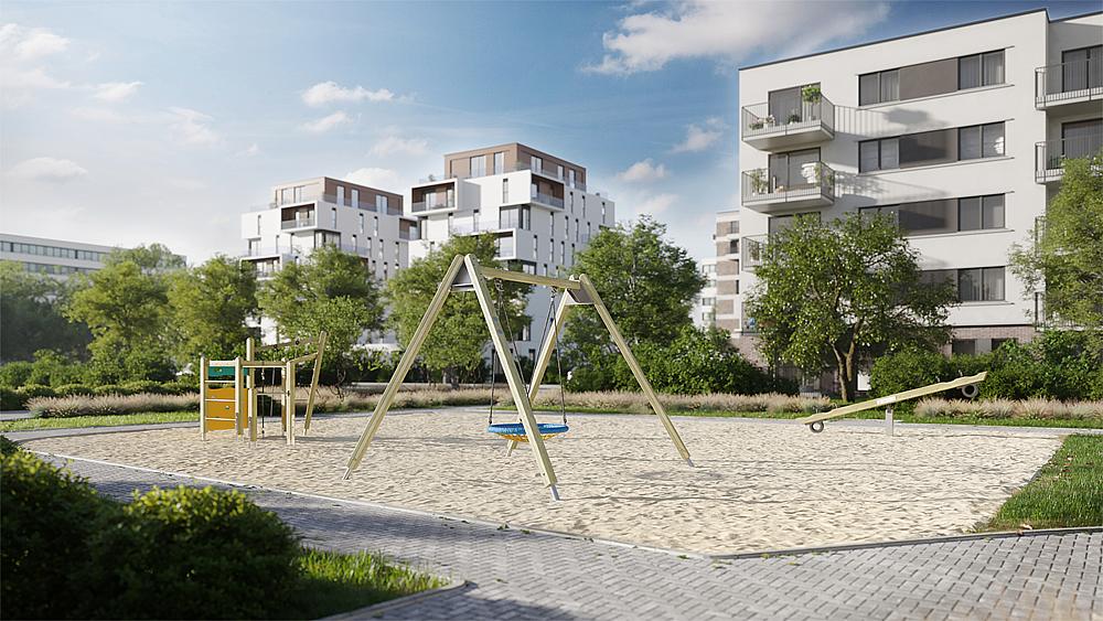 Spielplatz mit Schaukel und Rutsche vor modernen Wohnhäusern im Grünen.