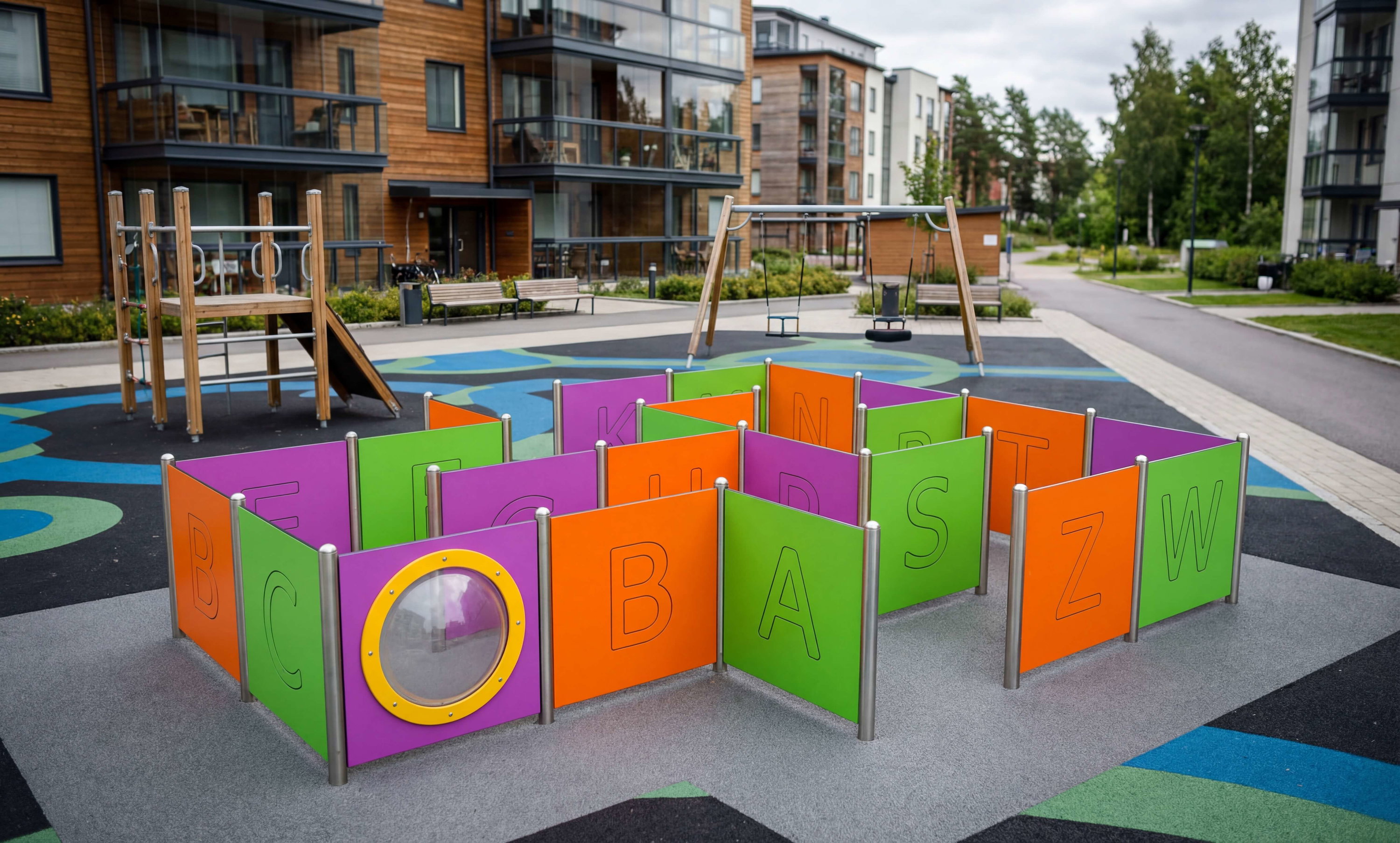Bunte Buchstabenwand im Spielplatz vor modernen Wohnhäusern – Lern- und Spielfläche für Kinder.

German:  
Farbenfrohe Buchstabenspielwand auf einem Kinderspielfeld vor Wohngebäuden.