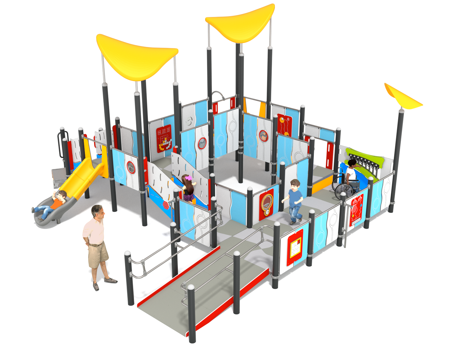Barrierefreier Spielplatz mit Rutsche, Rampen und Spielgeräten für Kinder einschließlich Kinder im Rollstuhl