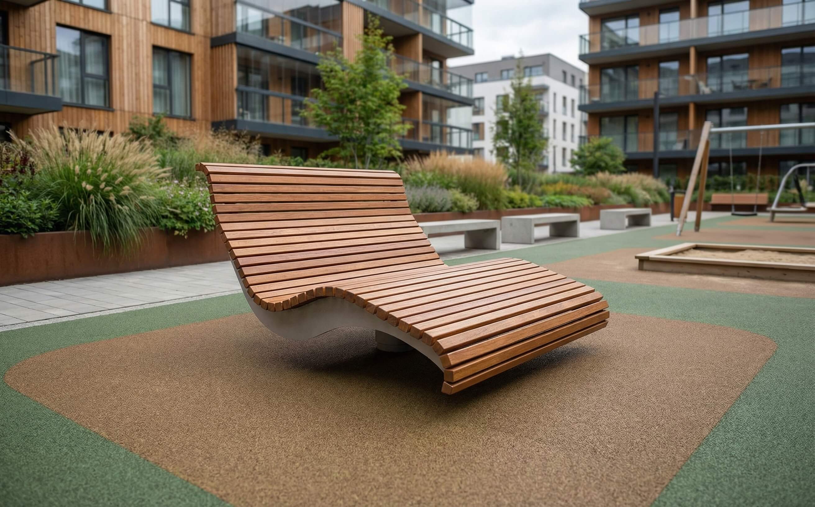 Holzliege im modernen Wohnbereich mit Spielplatz und Pflanzenbeeten – entspanntes Ambiente für Kinder & Erwachsene.