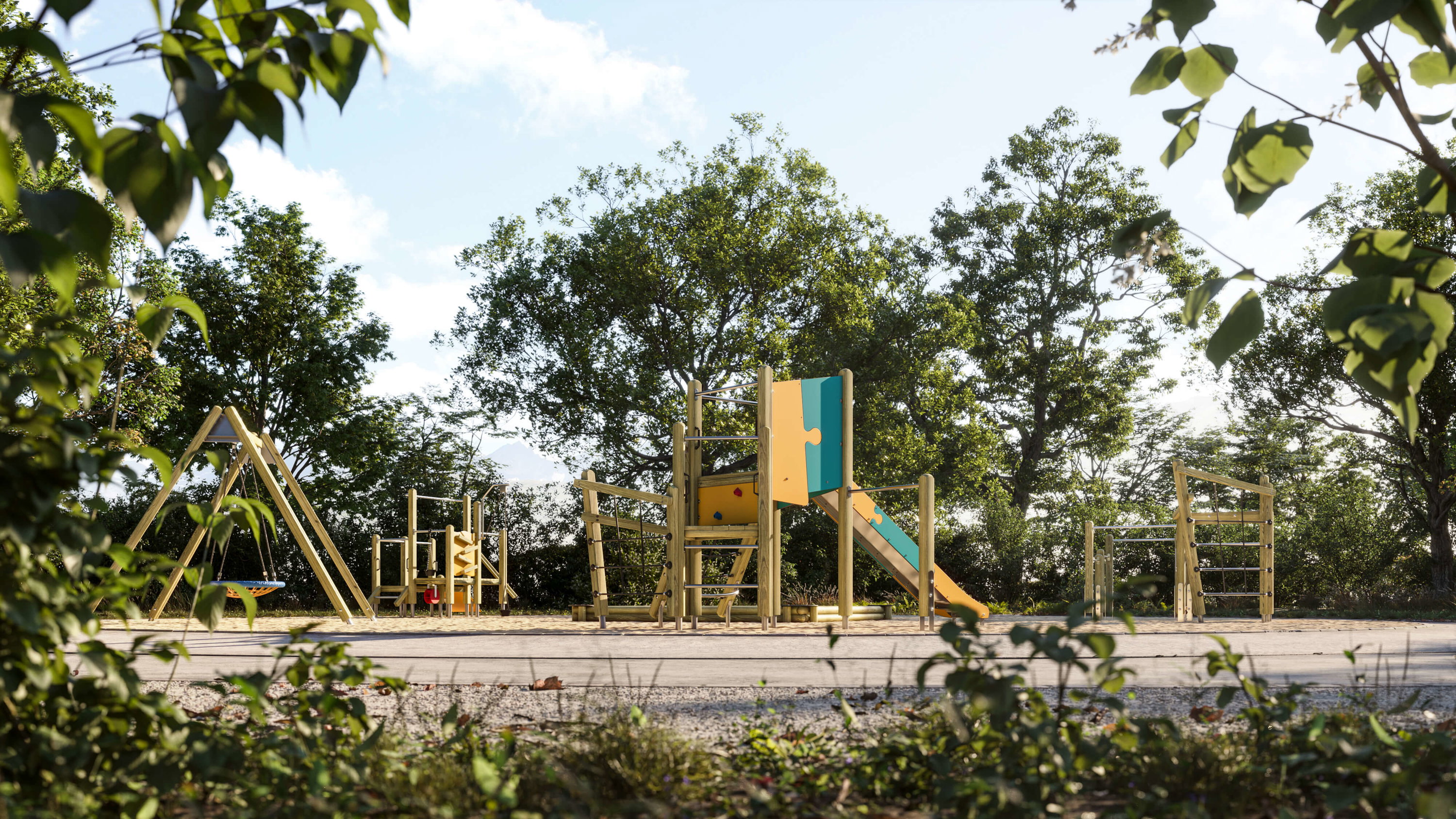 Spielplatz mit Schaukel und Rutsche unter Bäumen im Freien – sonniger Tag.