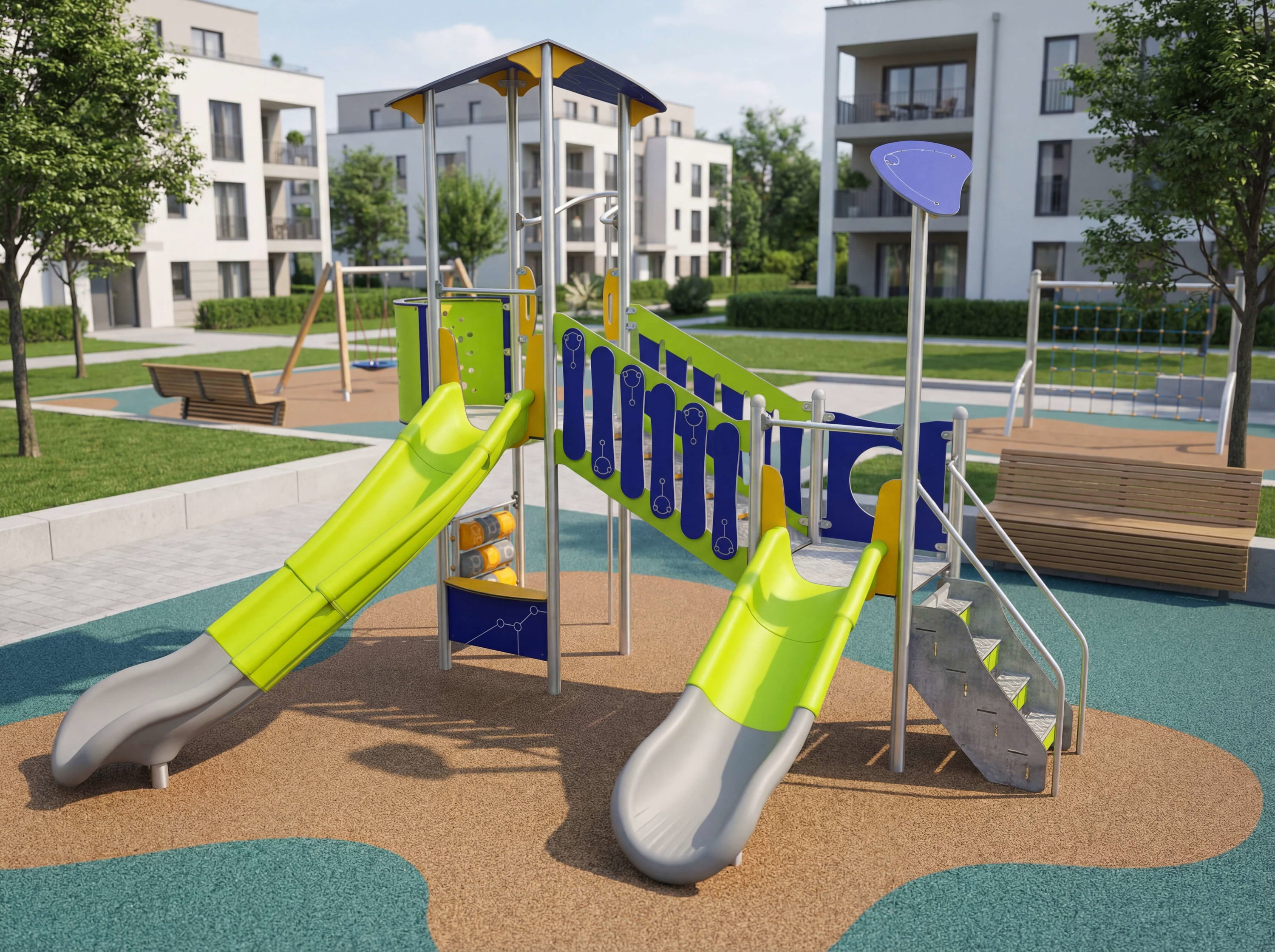 Farbiger Spielplatz mit Rutschen und Klettergerüst im modernen Wohngebiet.