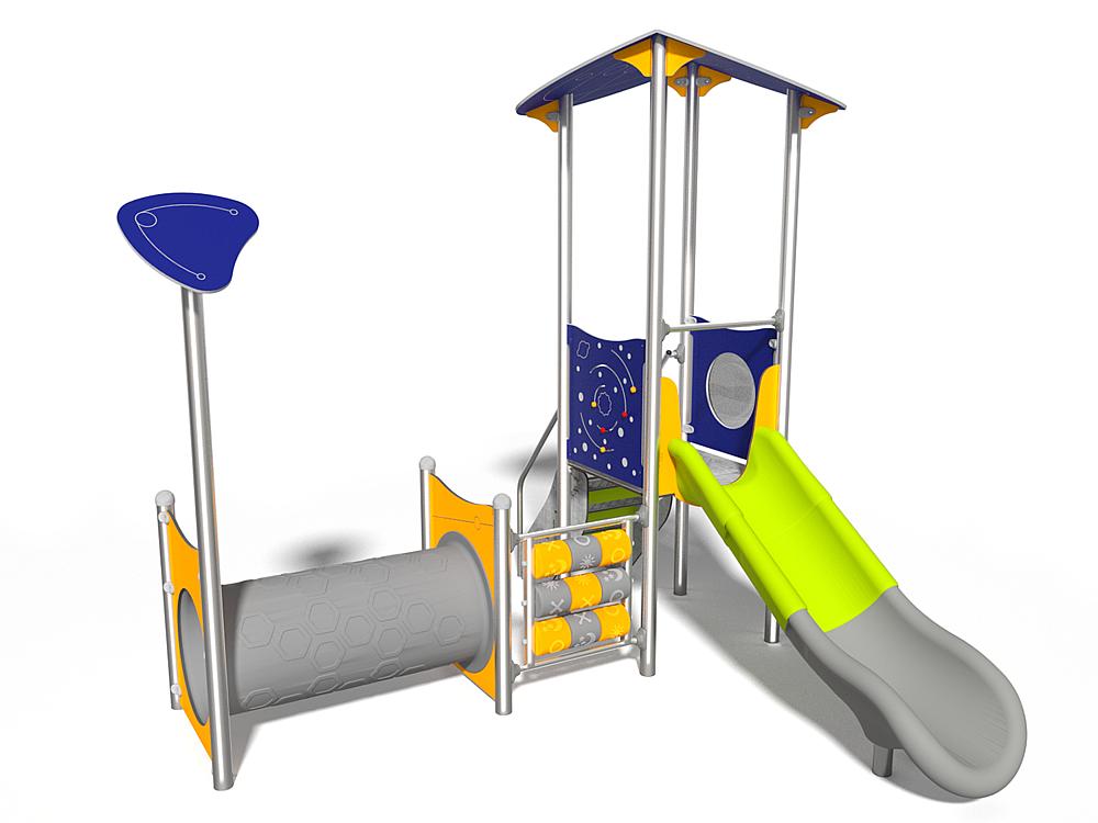 Schwinger für Kleinkinder mit Metallgestell und grünen Verbindungen auf weißem Hintergrund.