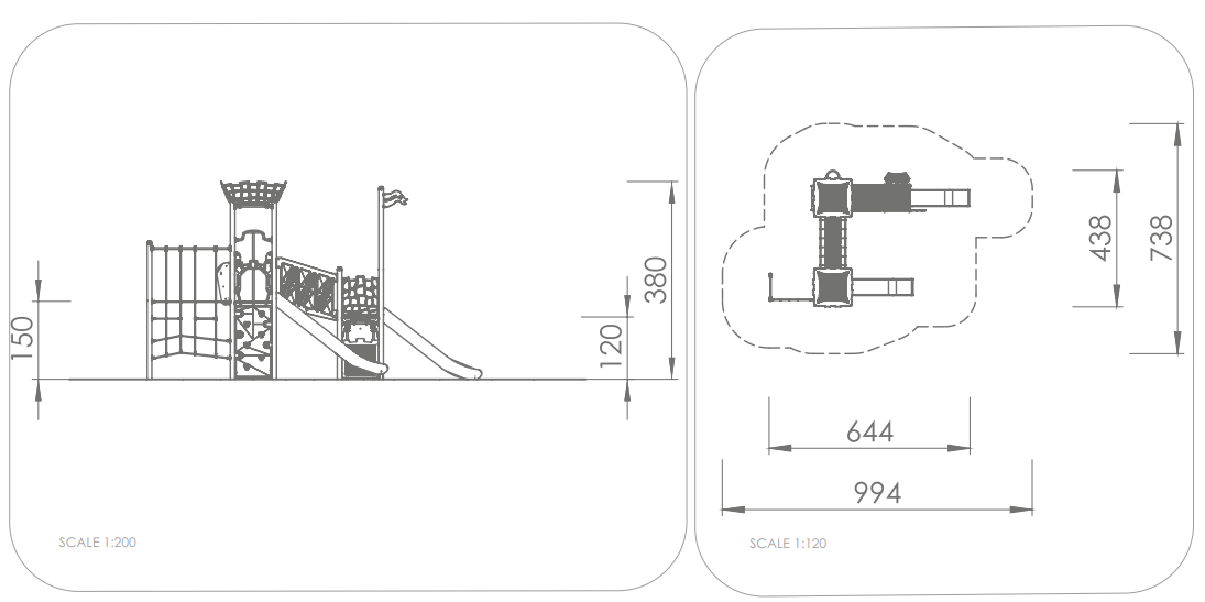 Technische Zeichnung eines Spielplatzes mit Rutsche und Turm – Maßangaben im Detail.