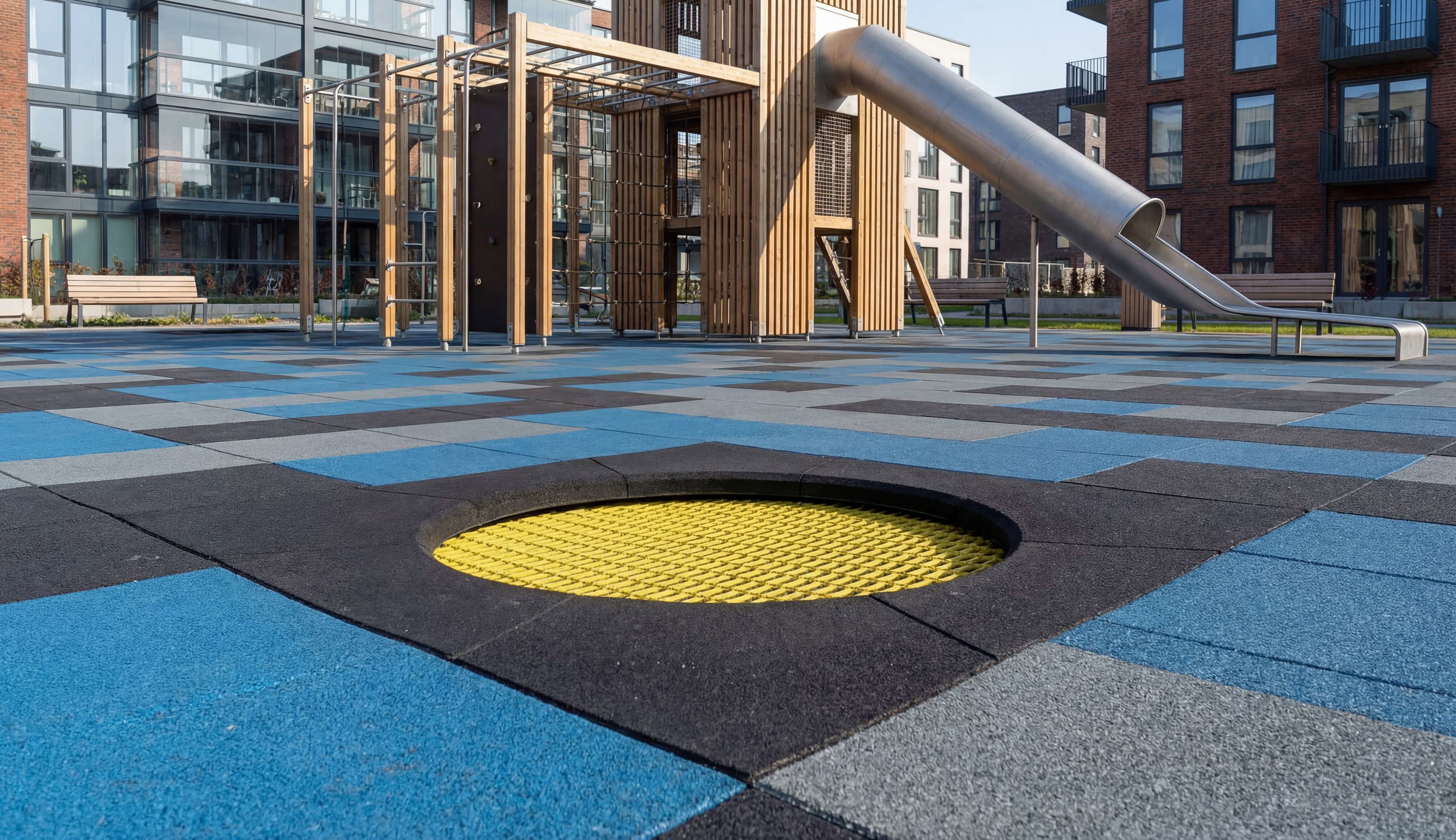 Modern playground with colorful rubber tiles und metal slide vor Wohnhäusern.