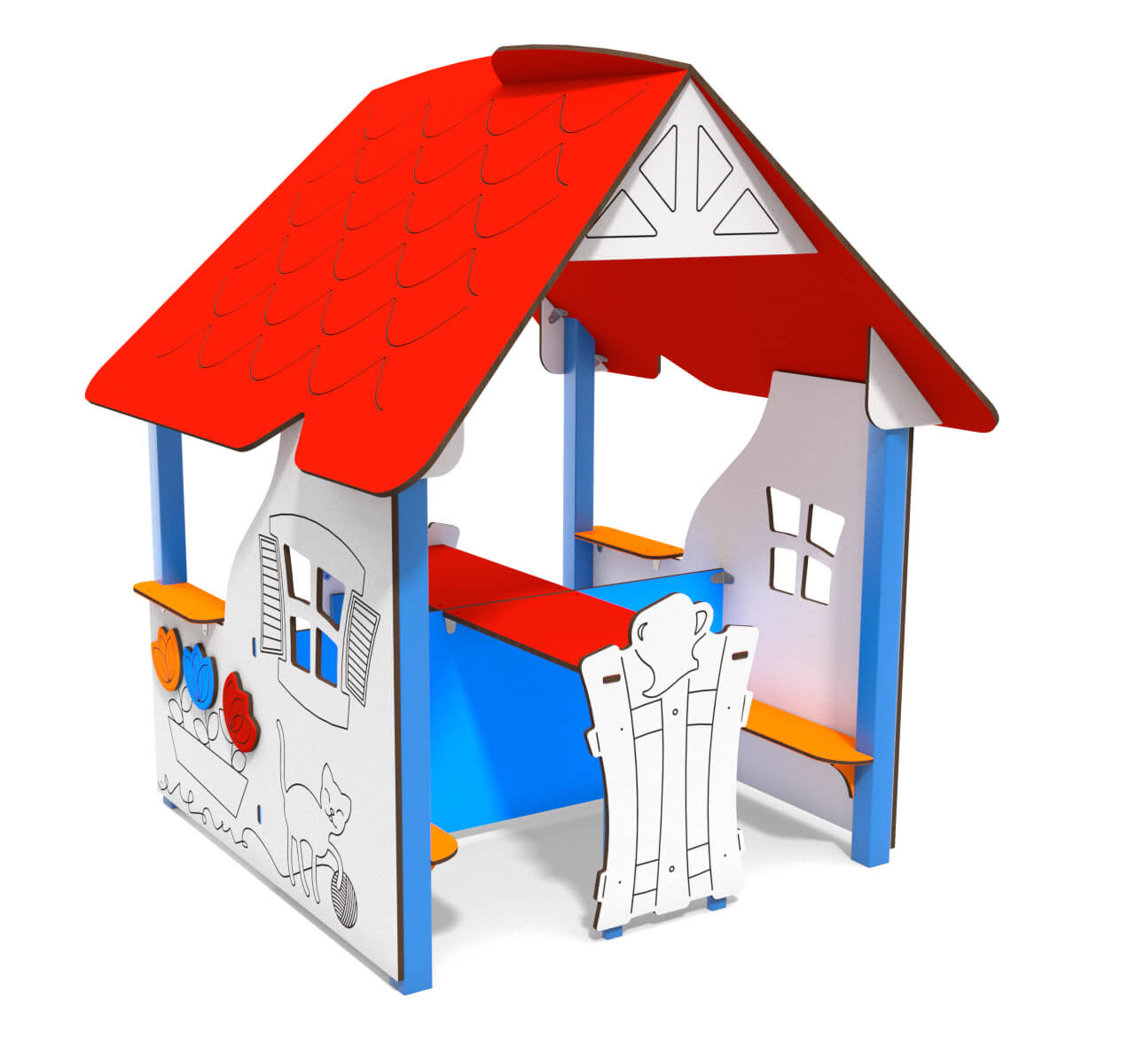 Bunte Spielhütte mit rotem Dach und bunten Details für Kinder im Freien.