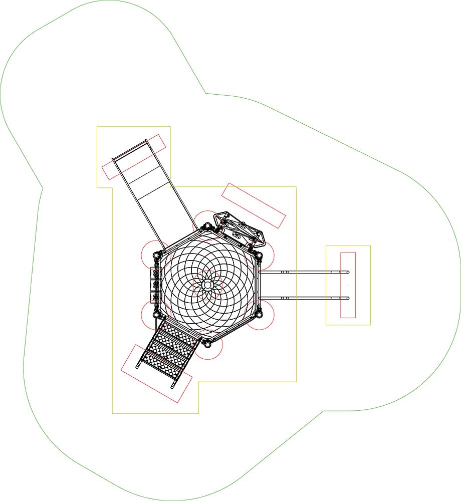 Satelliten-Modell mit Antennen und Solarzellen – technisches Design auf weißem Hintergrund.