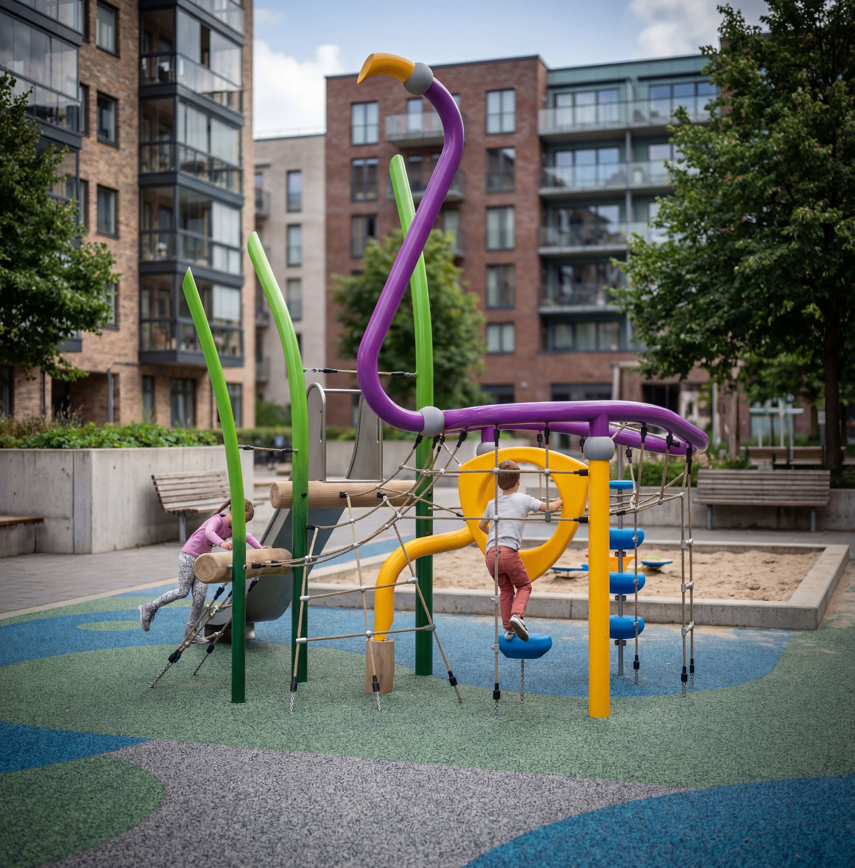 Kinder spielen auf einem bunten Spielplatz vor modernen Wohnhäusern im Grünen.