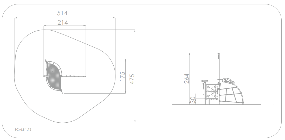 Technische Zeichnung eines Sitzmöbels mit Maßen im Maßstab 1:75.