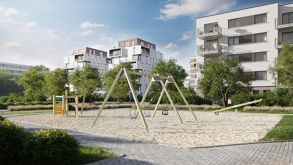 Spielplatz mit Schaukel und Rutsche vor modernen Wohnhäusern im Grünen.
