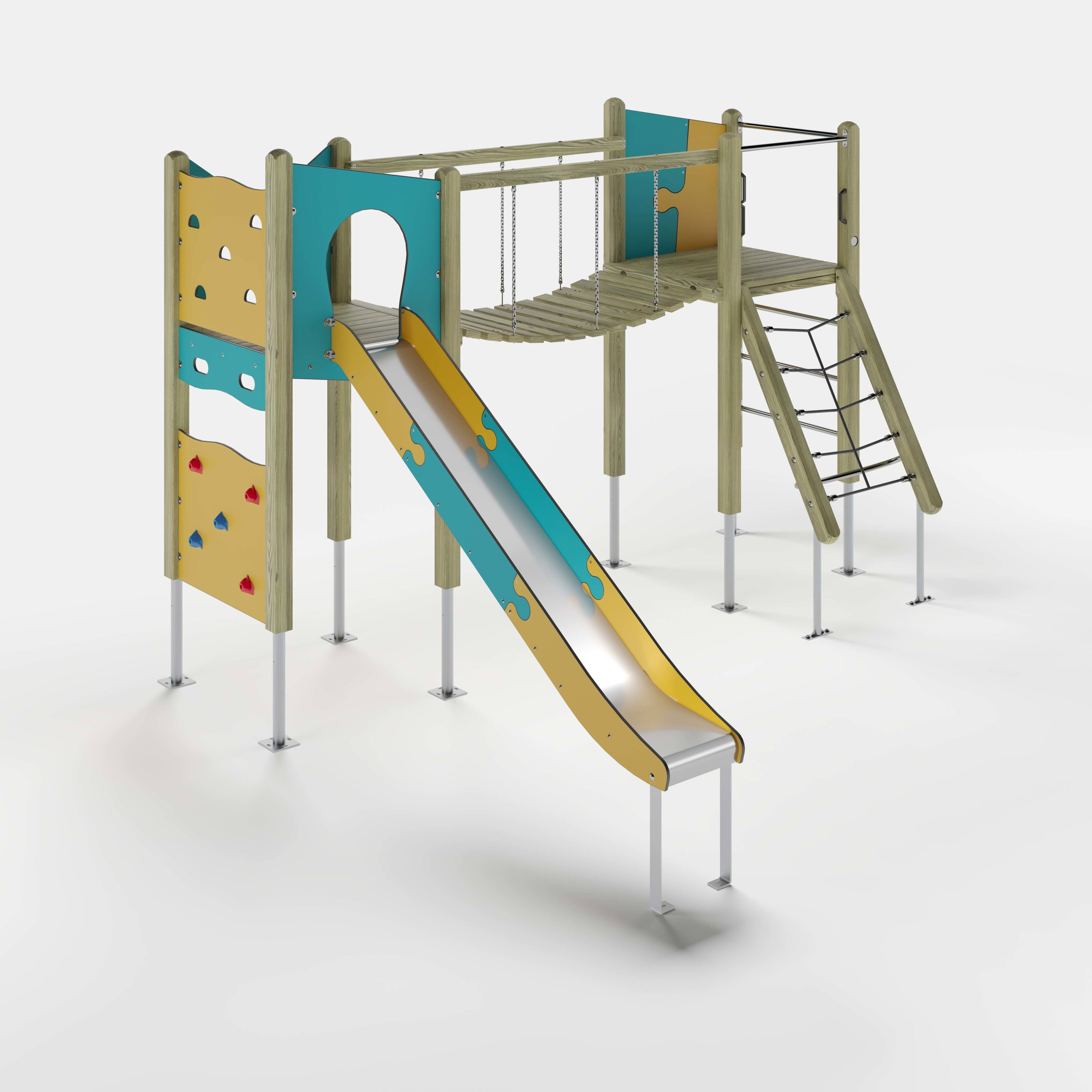 Bunte Puzzle-Hütte für Kinder auf Metallbeinen – Spielhaus mit gelb-blauen Teilen und Dach.