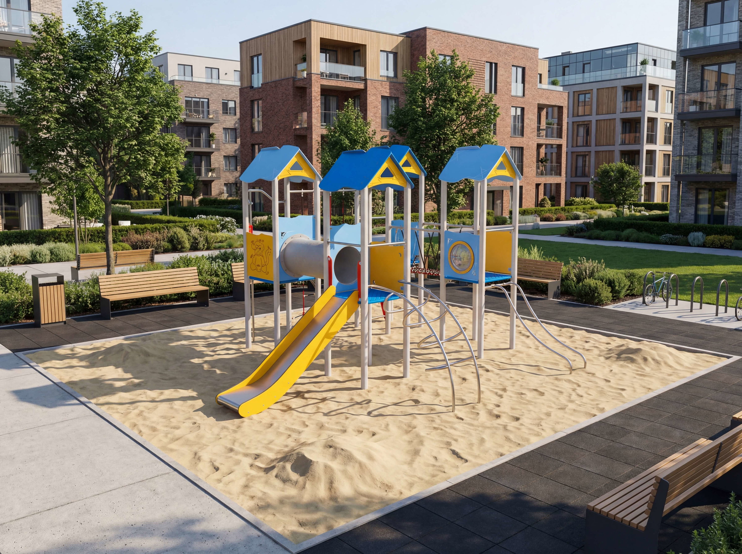 Farbiger Spielplatz mit Sandkasten und Rutsche im modernen Wohnkomplex.