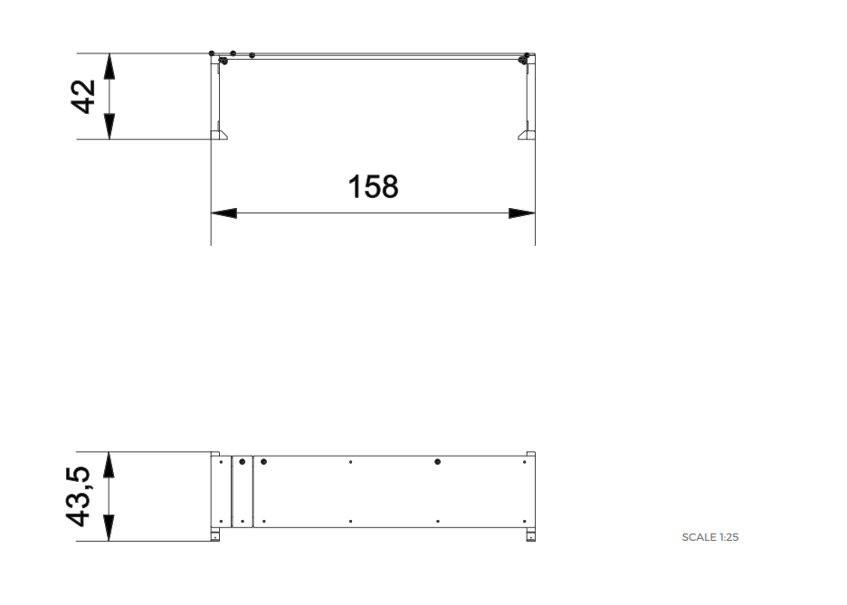 Technische Zeichnung eines rechteckigen Rahmens mit Maßen 158x42 mm und Skala 1:25.