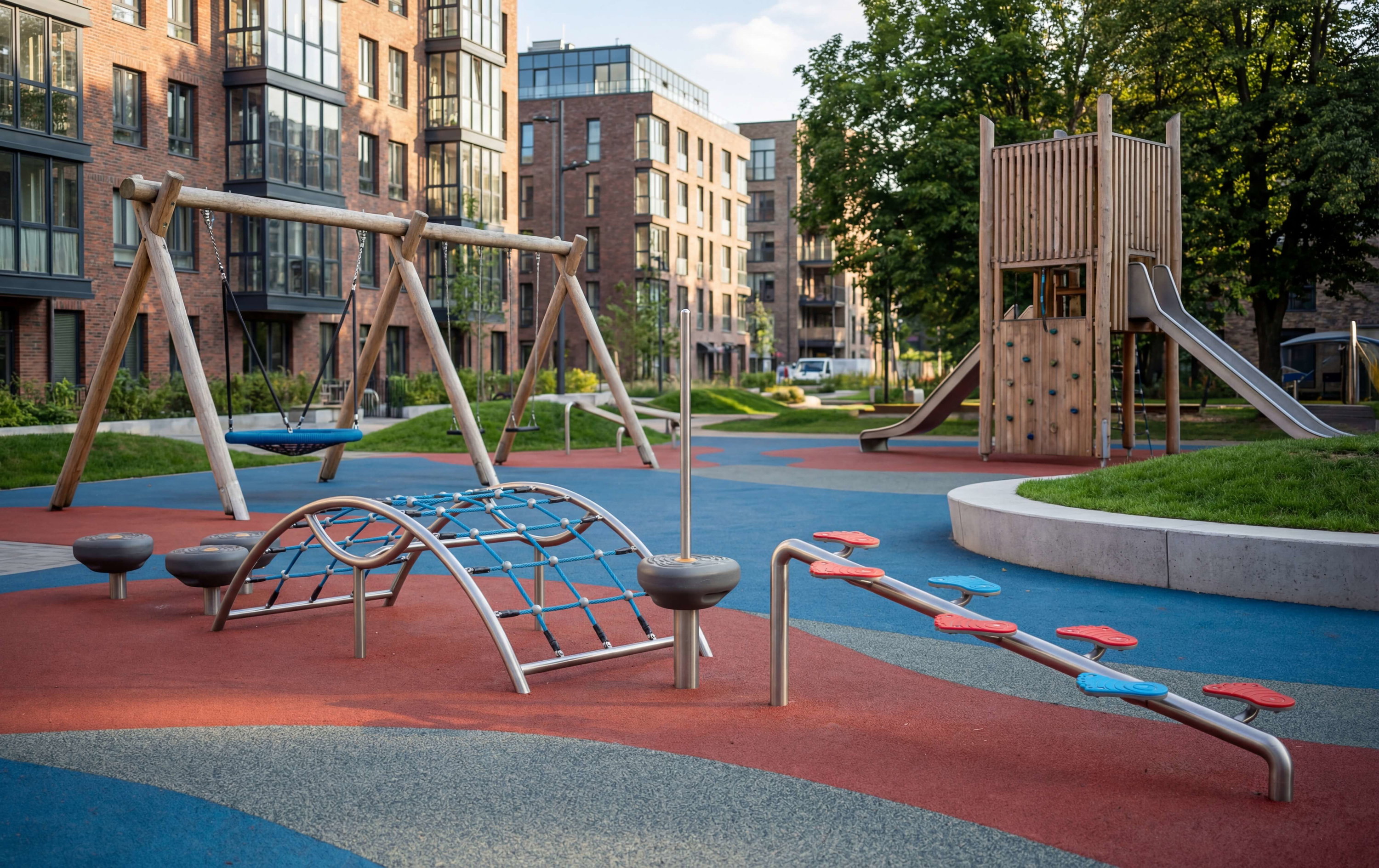 Modern playground with swings, climbing frame und slide between residential buildings.

**German Alt Text (max 125 Zeichen):**

Moderne Spielanlage mit Schaukeln, Klettergerüst & Rutsche zwischen Wohnhäusern.