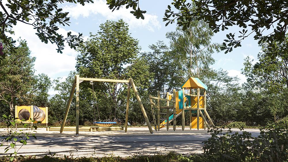 Bunte Spielplatzanlage mit Schaukel und Klettergerüst im Grünen unter blauem Himmel.